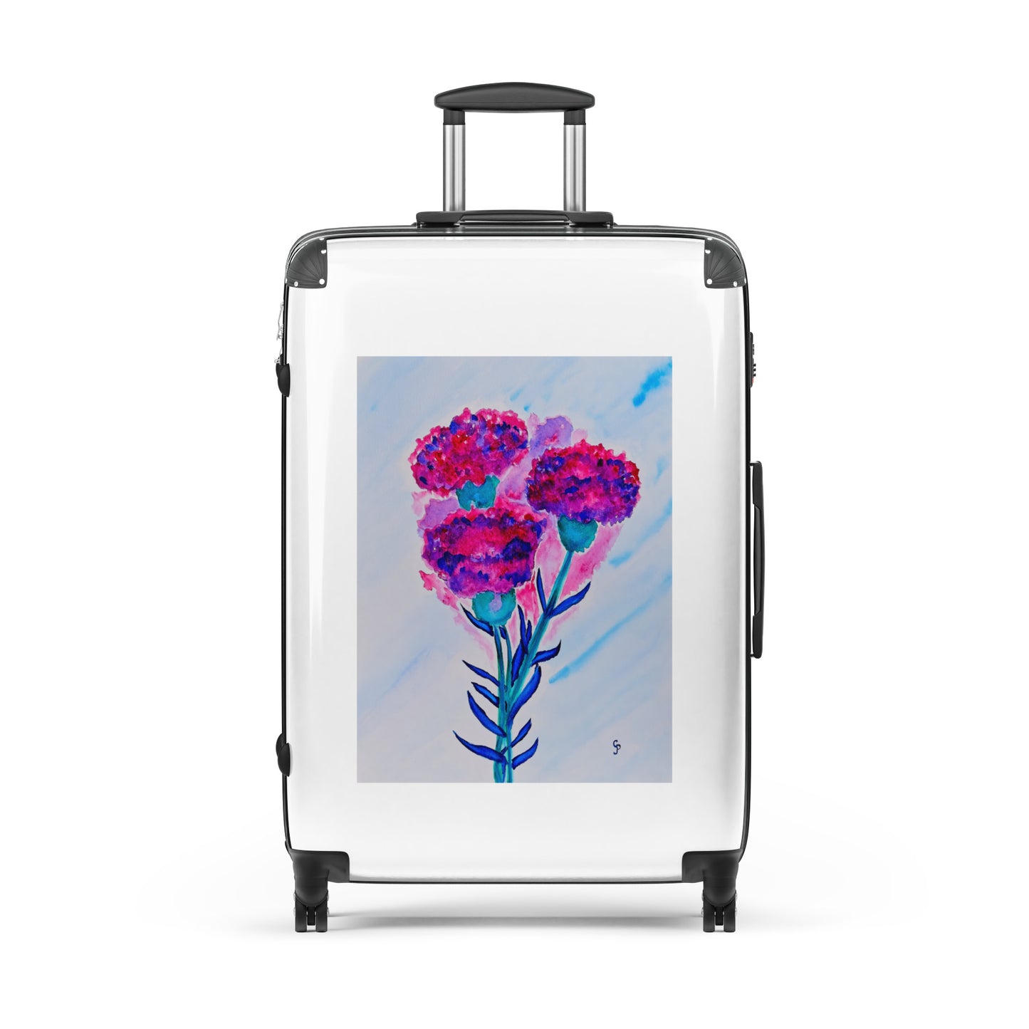 Durable hard-shell suitcase featuring original artwork—lightweight, impact-resistant, and equipped with 360° spinner wheels; perfect for stylish travel, carry-on, or checked luggage needs.