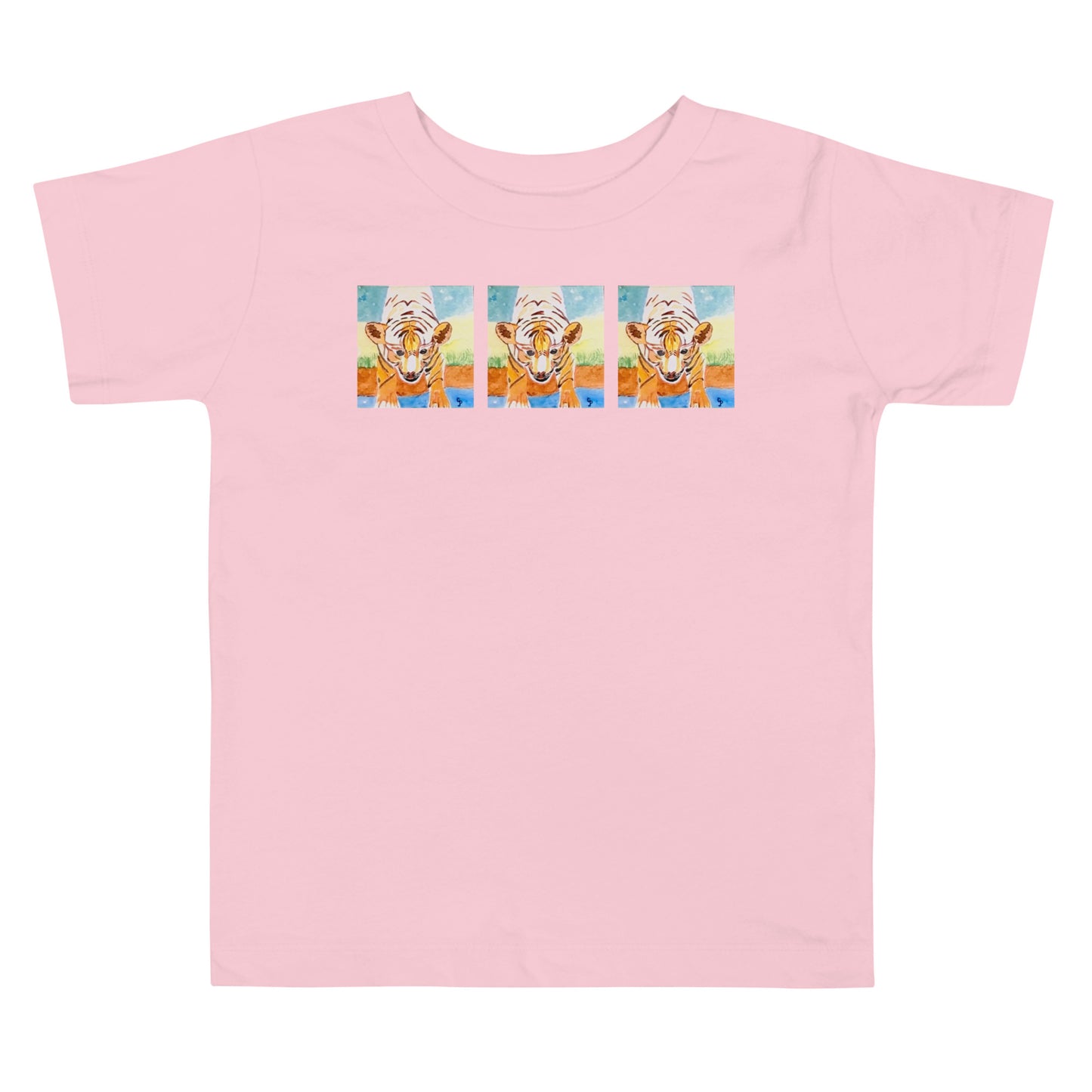 Pink t-shirt with a colorful tiger design on a white background