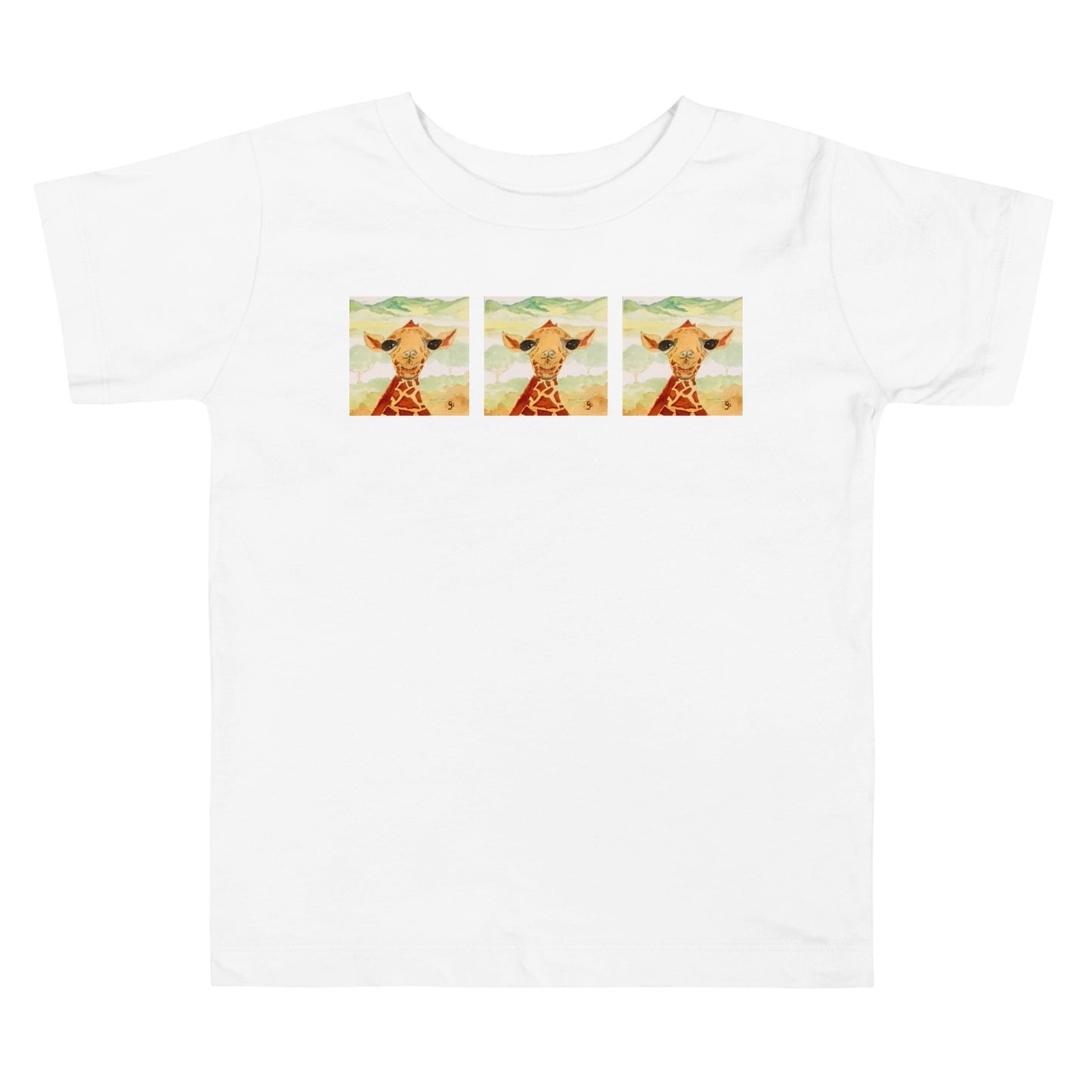 White t-shirt with three cartoon giraffes on a white background