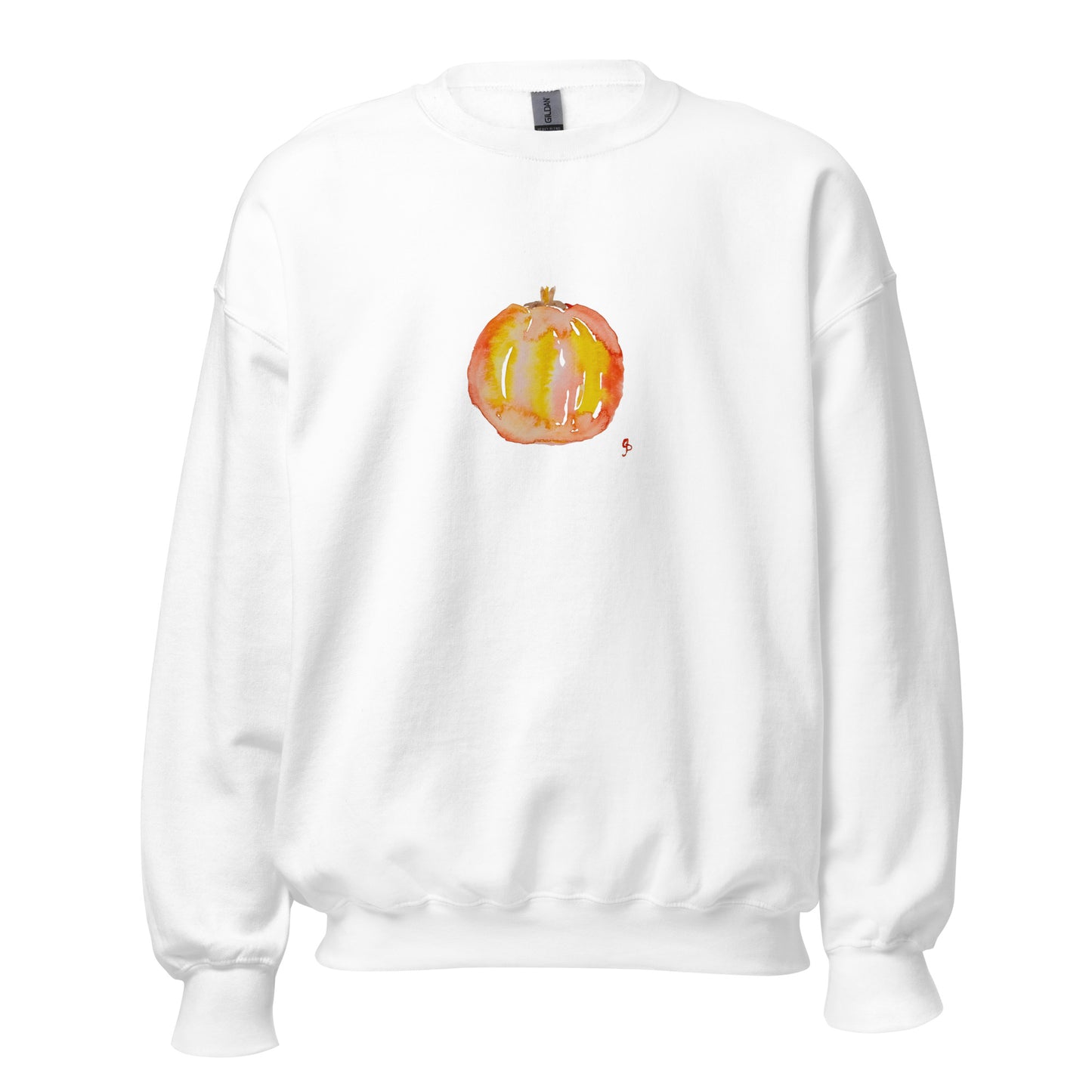 White sweatshirt with a colorful pumpkin graphic