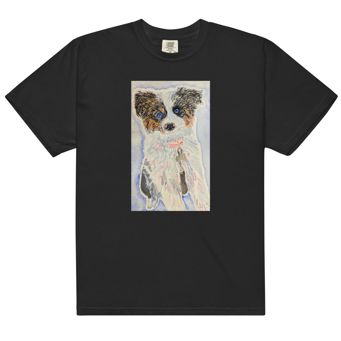 Black t-shirt with an Australian shepherd dog illustration on a white background