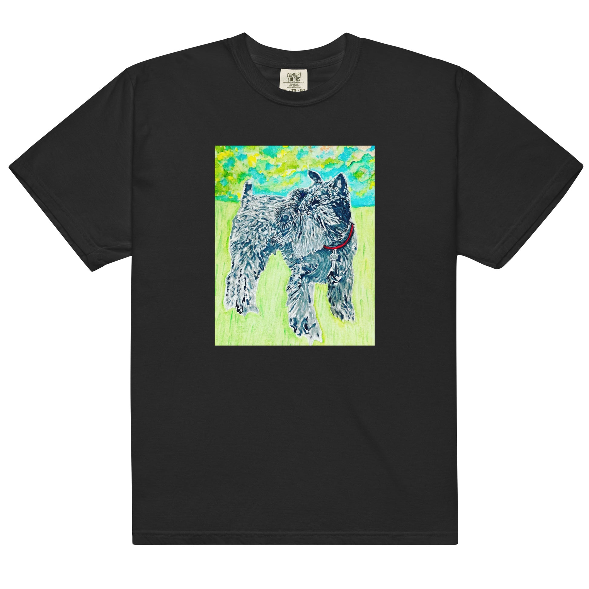 Black t-shirt with a dog illustration on a white background
