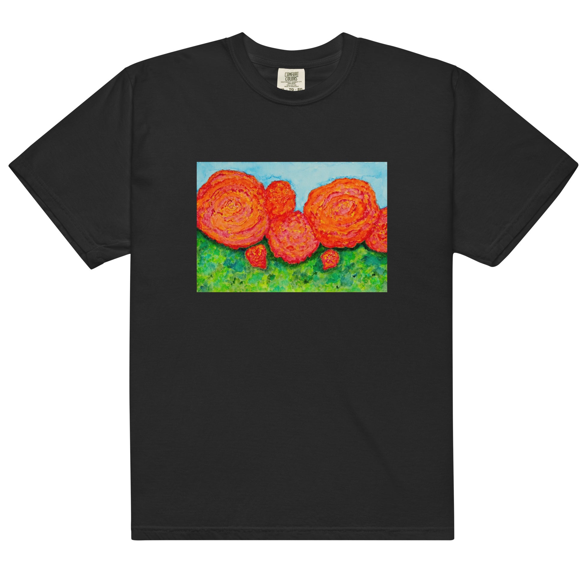 Black t-shirt with a colorful floral design on a white background