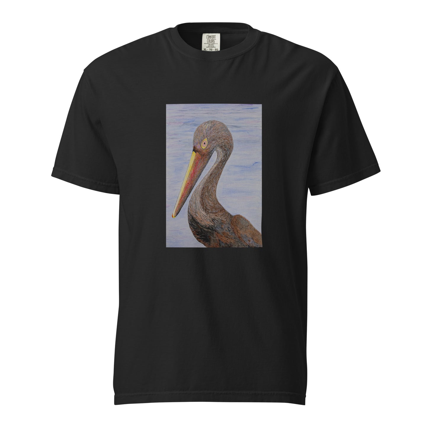 Black t-shirt with a pelican design on a white background