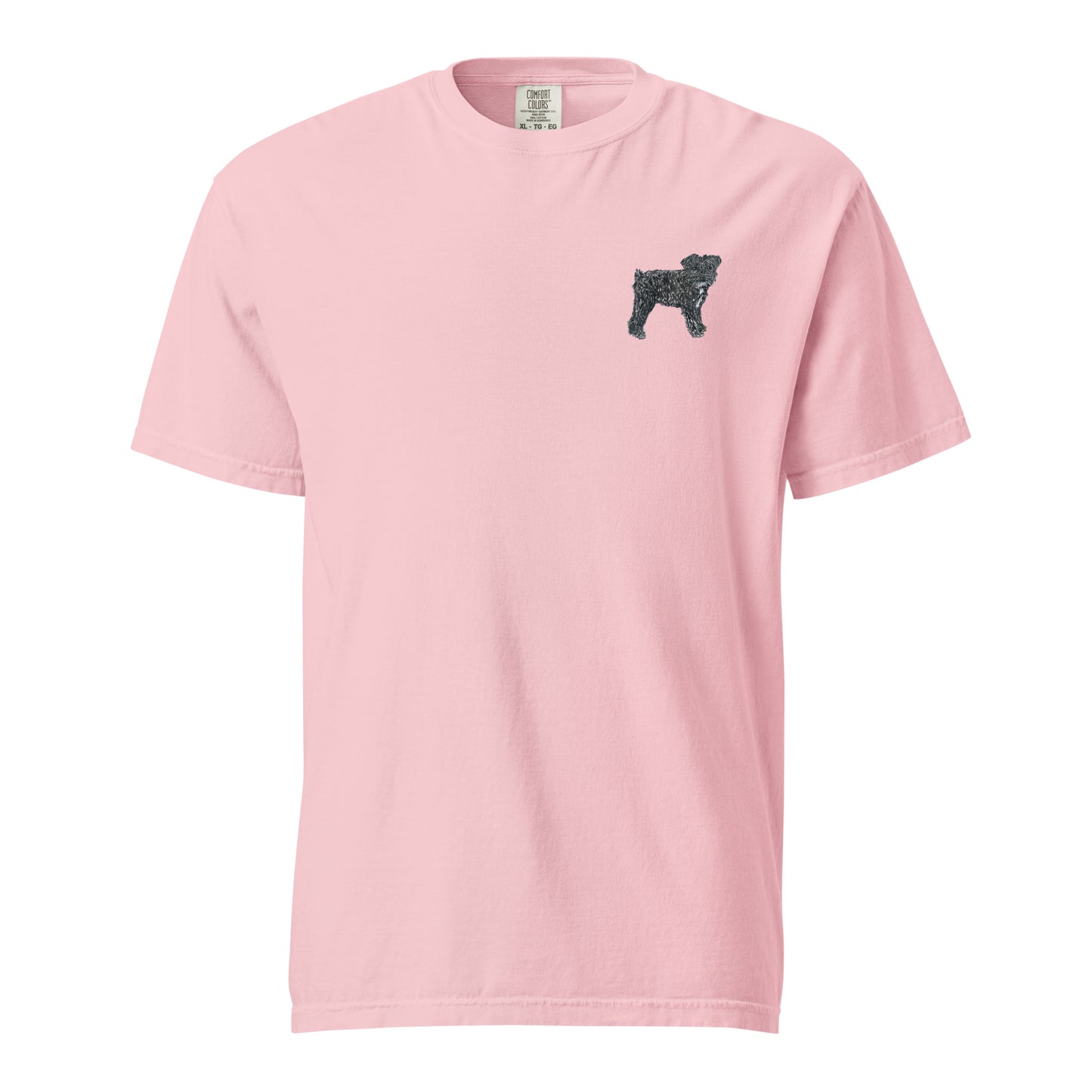 Pink t-shirt with a small black dog graphic