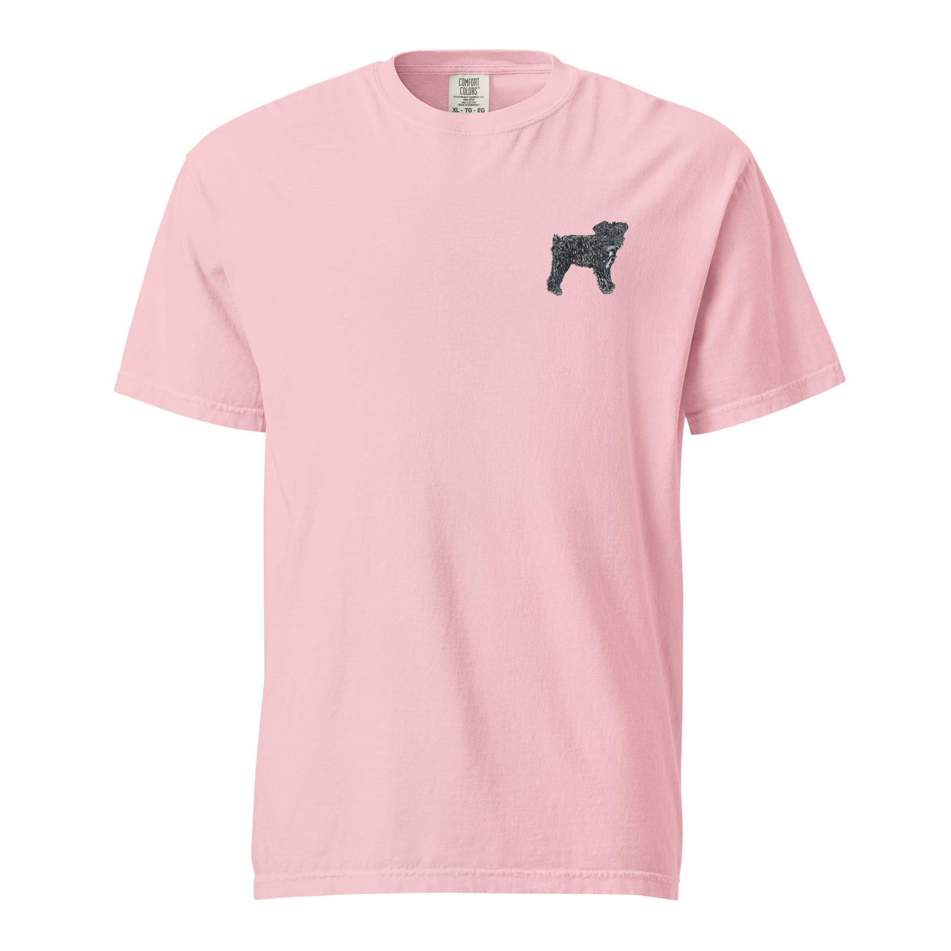Pink t-shirt with a small black dog graphic