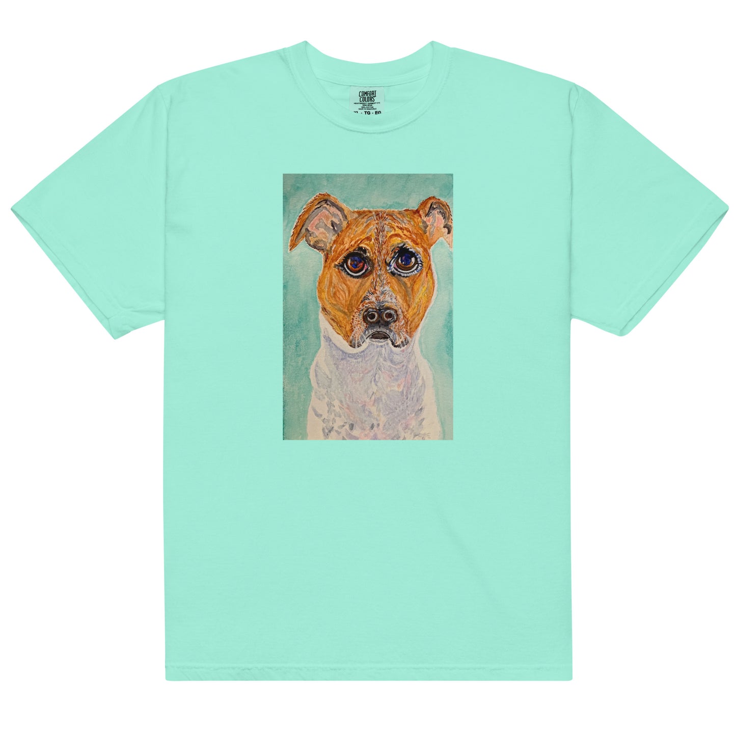 Mint green t-shirt with a dog portrait on a white background