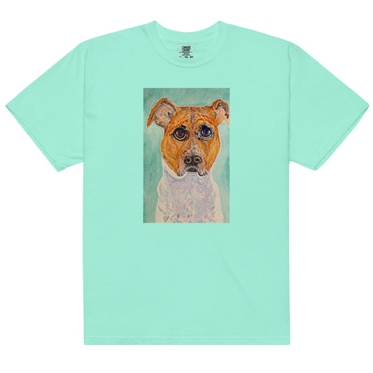 Mint green t-shirt with a dog portrait on a white background