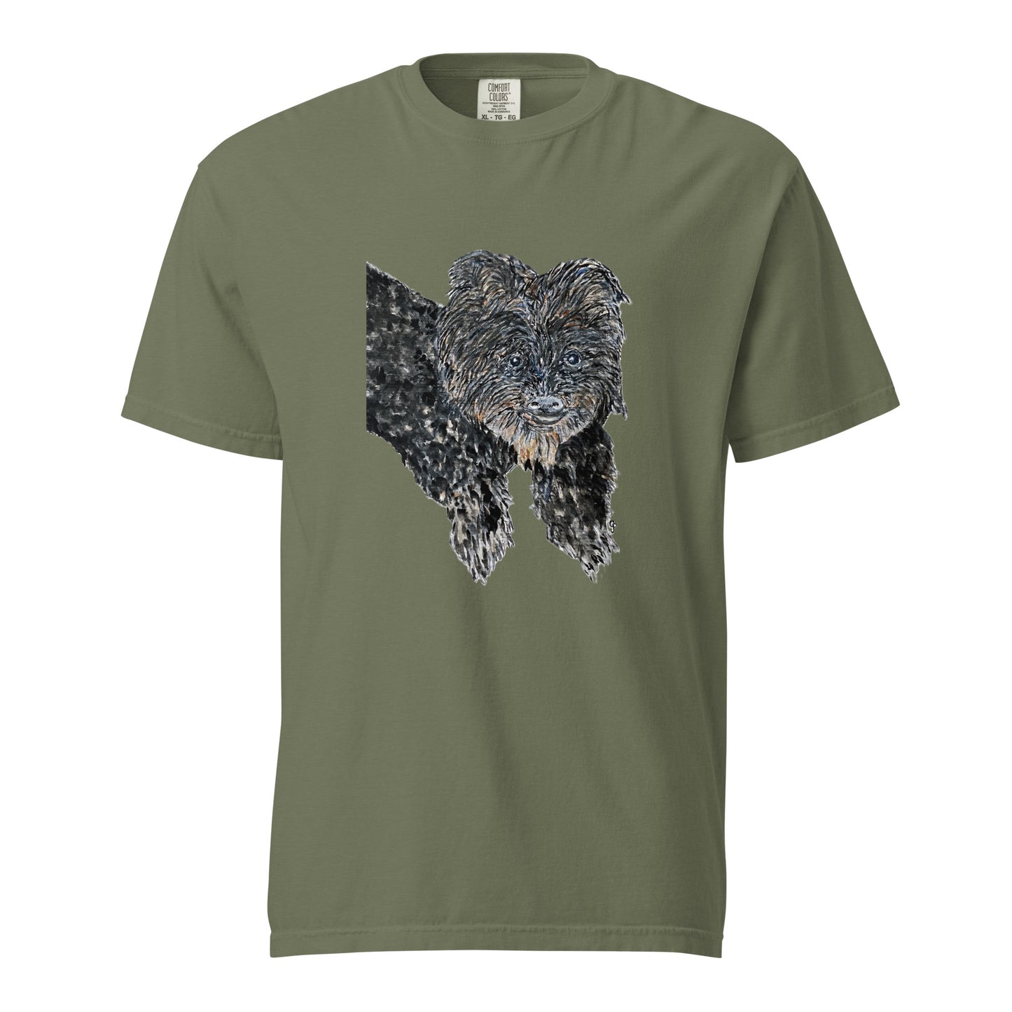 Green t-shirt with a dog graphic