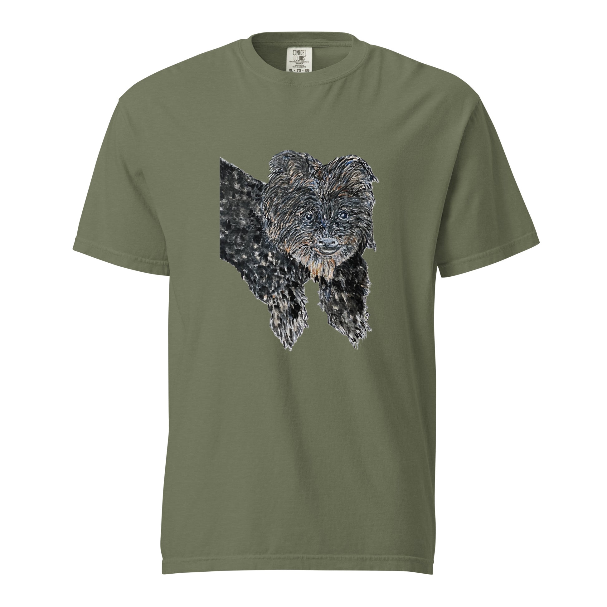 Green t-shirt with a dog graphic