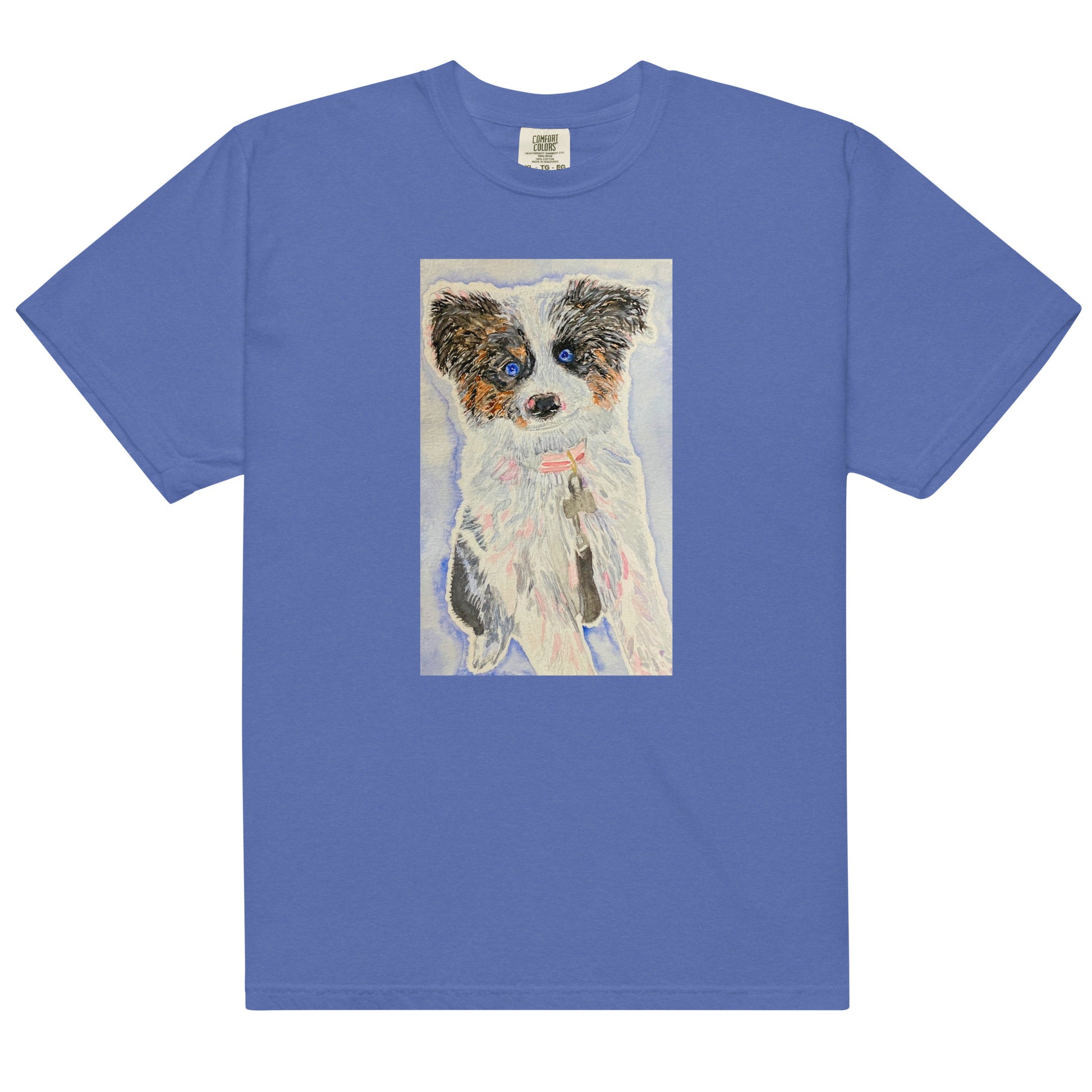 Blue t-shirt with a dog illustration on a white background