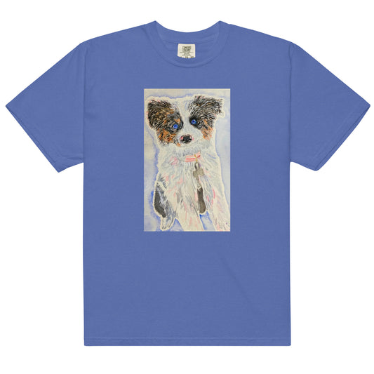 Blue t-shirt with a dog illustration on a white background