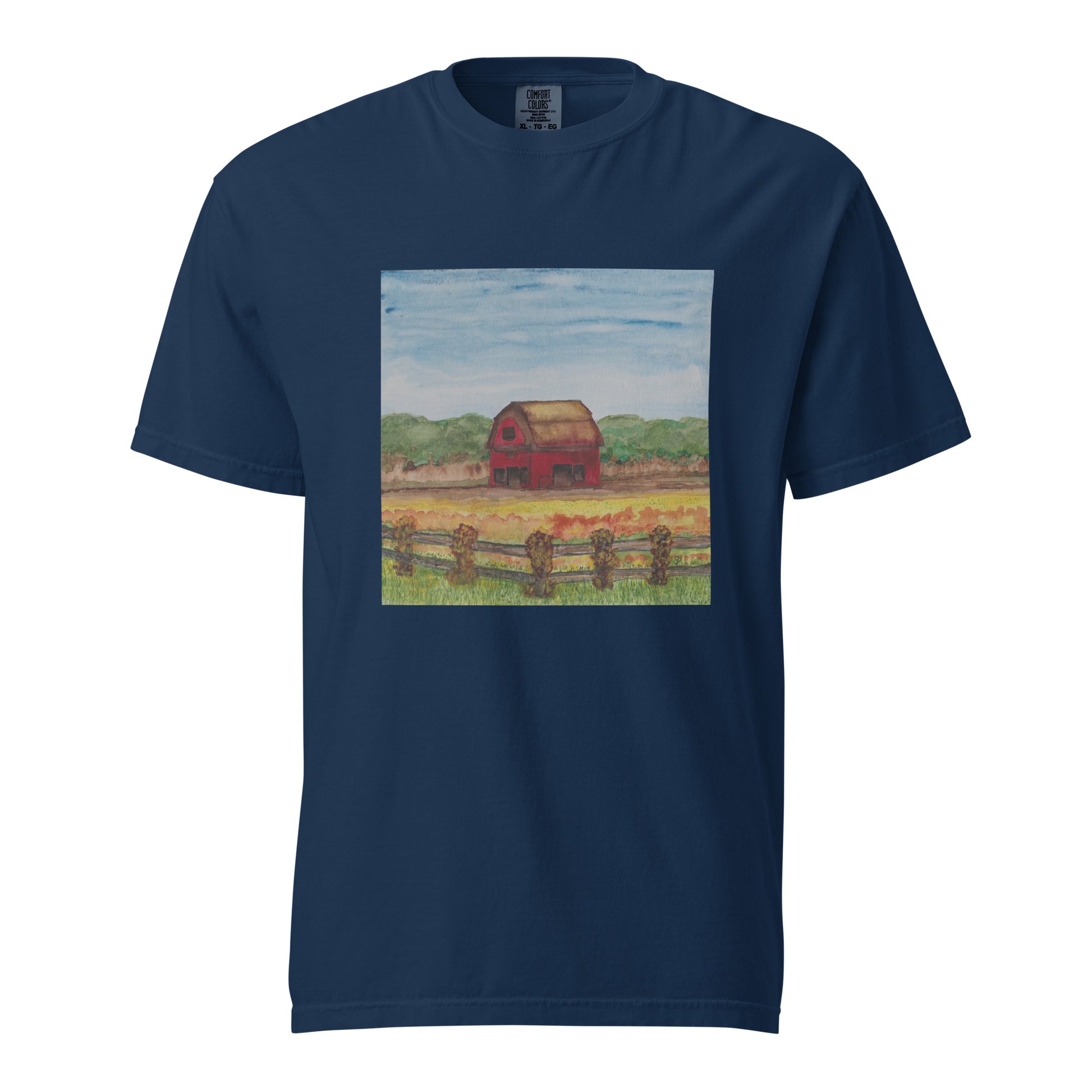 Navy blue t-shirt with a red barn graphic on a white background