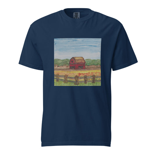 Navy blue t-shirt with a red barn graphic on a white background