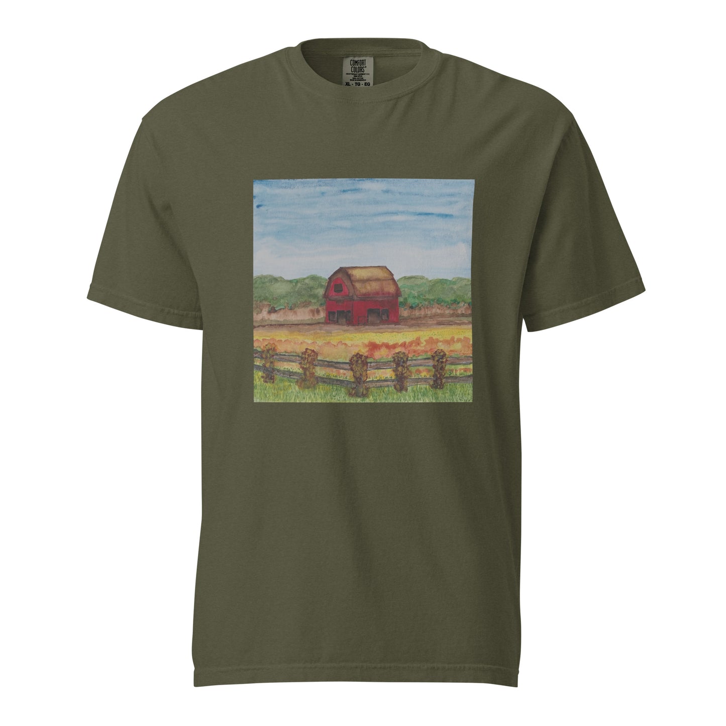 Green t-shirt with a painted barn design for men or farmers