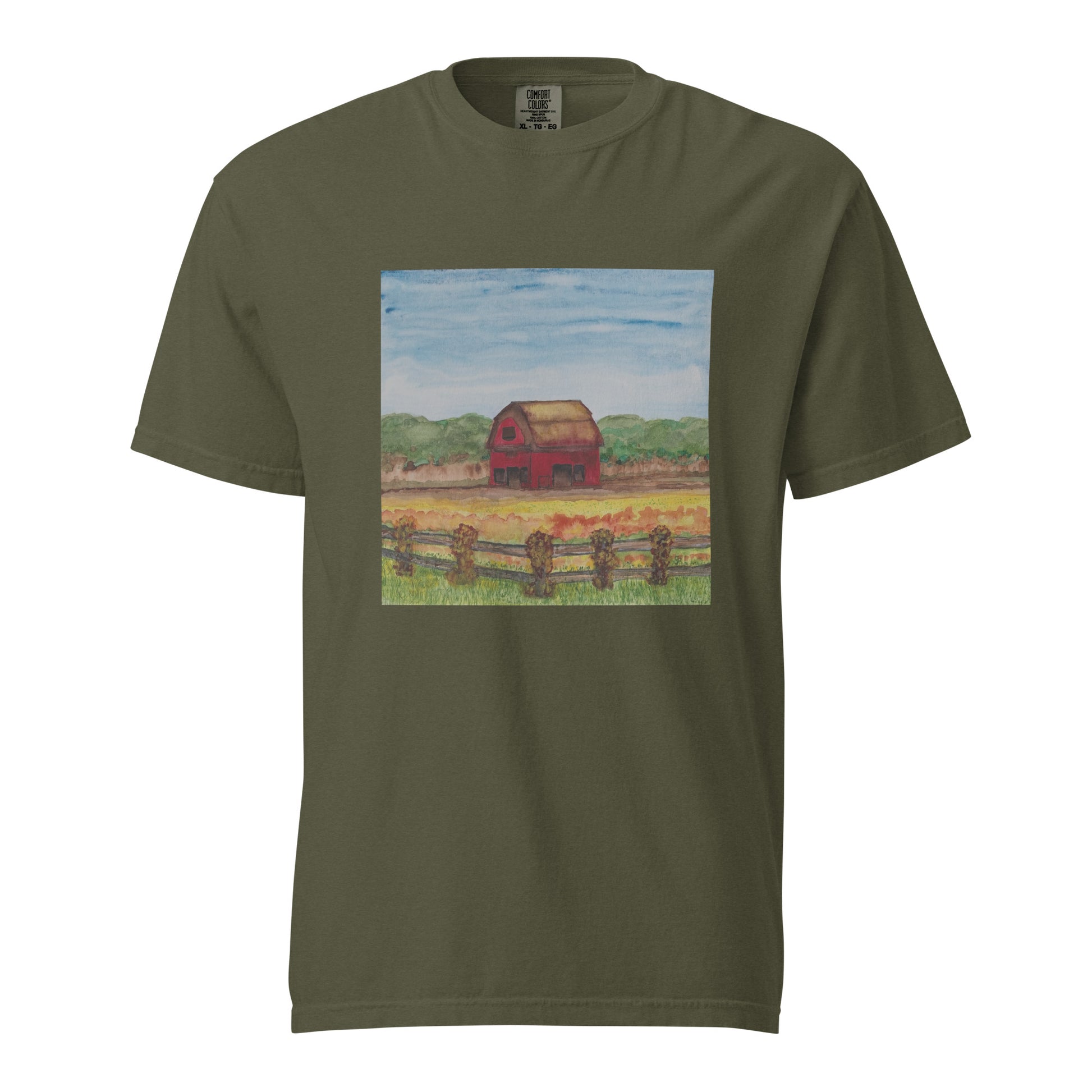 Green t-shirt with a painted barn design for men or farmers
