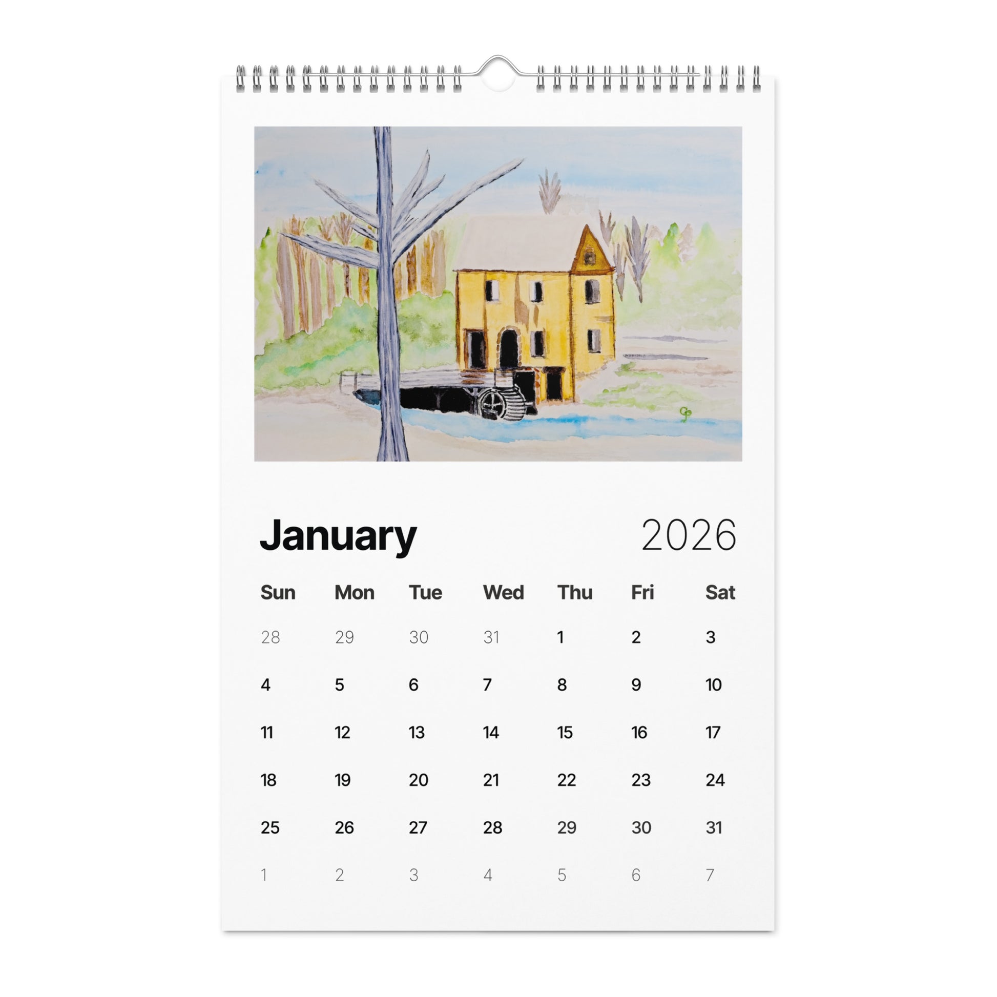 Watercolor art wall calendar featuring original paintings, showcasing vibrant seasonal artwork for each month, printed on high-quality paper for home or office décor.
