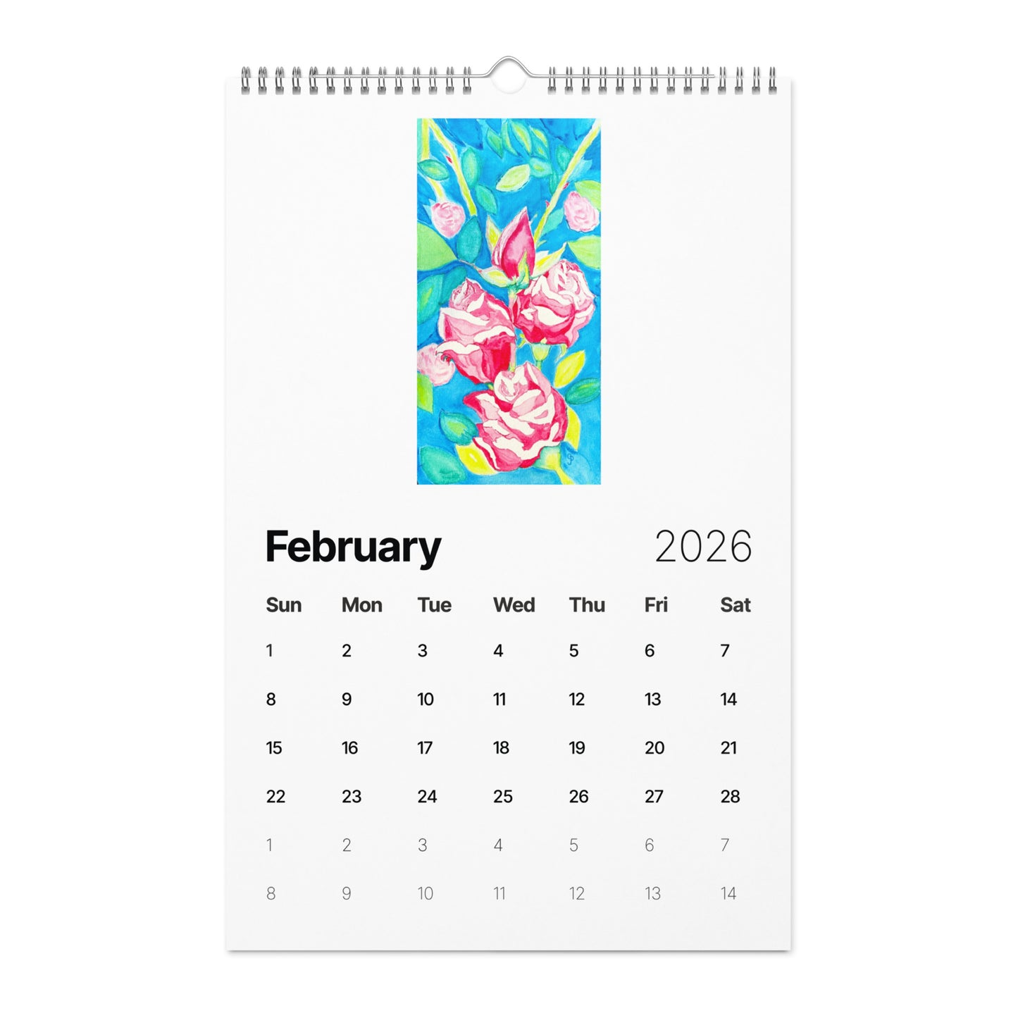 Watercolor art wall calendar featuring original paintings, showcasing vibrant seasonal artwork for each month, printed on high-quality paper for home or office décor.