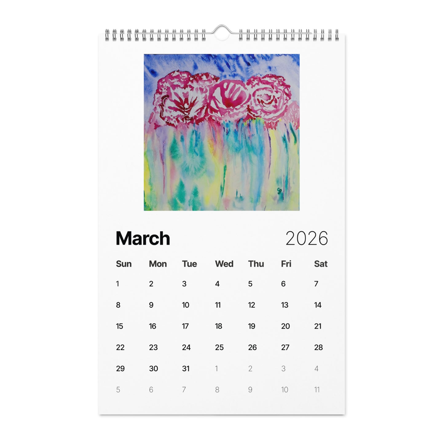 Watercolor art wall calendar featuring original paintings, showcasing vibrant seasonal artwork for each month, printed on high-quality paper for home or office décor.