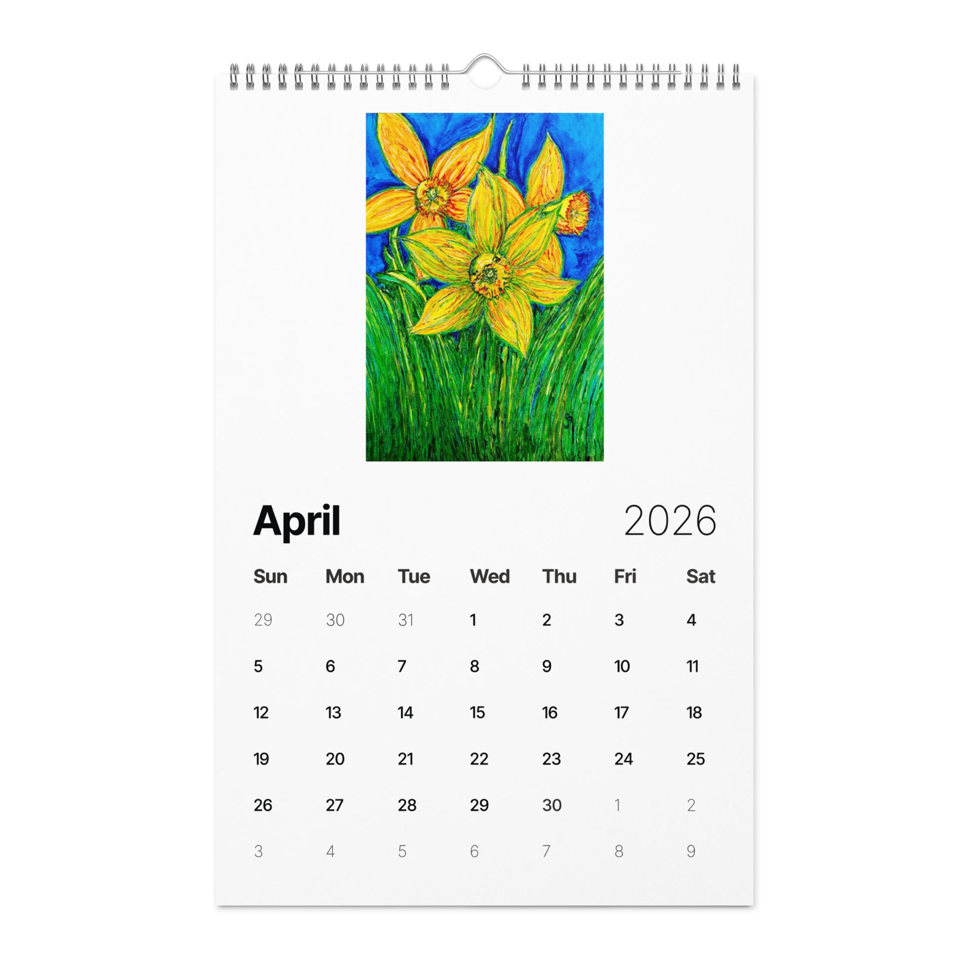 Watercolor art wall calendar featuring original paintings, showcasing vibrant seasonal artwork for each month, printed on high-quality paper for home or office décor.