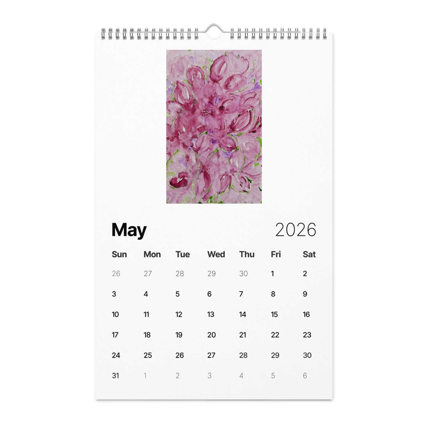 Watercolor art wall calendar featuring original paintings, showcasing vibrant seasonal artwork for each month, printed on high-quality paper for home or office décor.