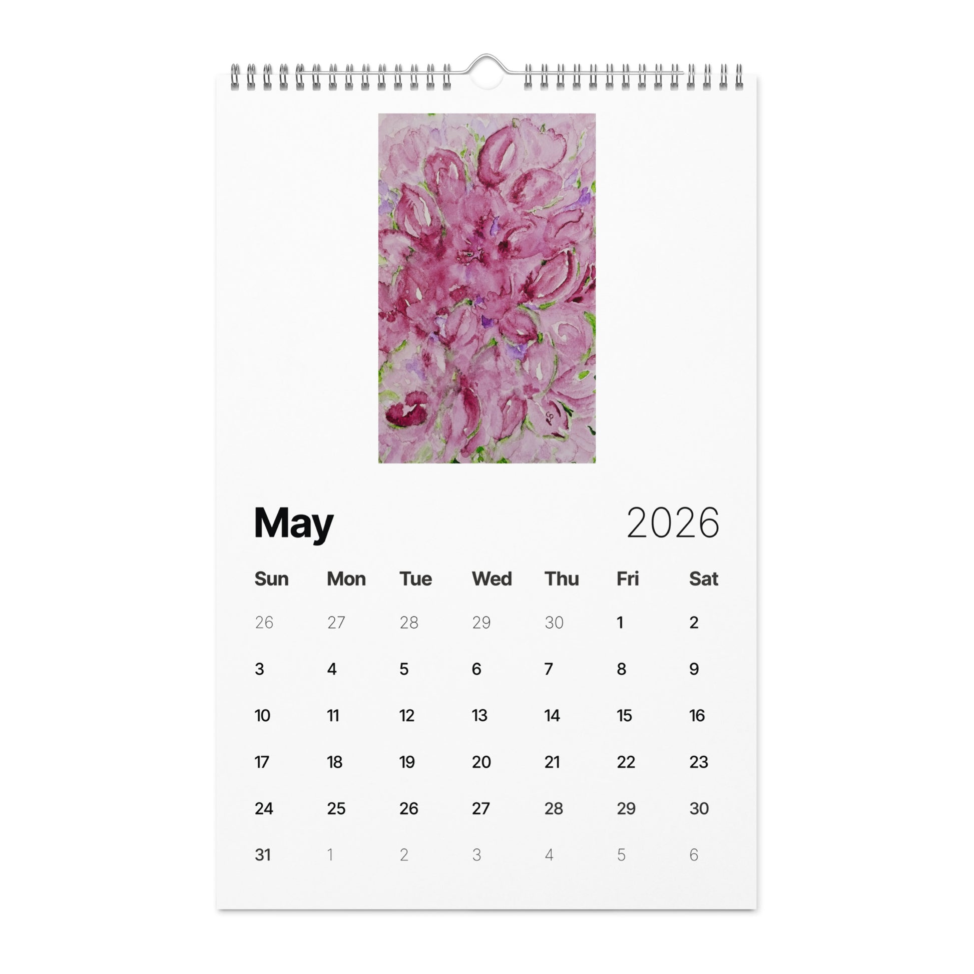 Watercolor art wall calendar featuring original paintings, showcasing vibrant seasonal artwork for each month, printed on high-quality paper for home or office décor.