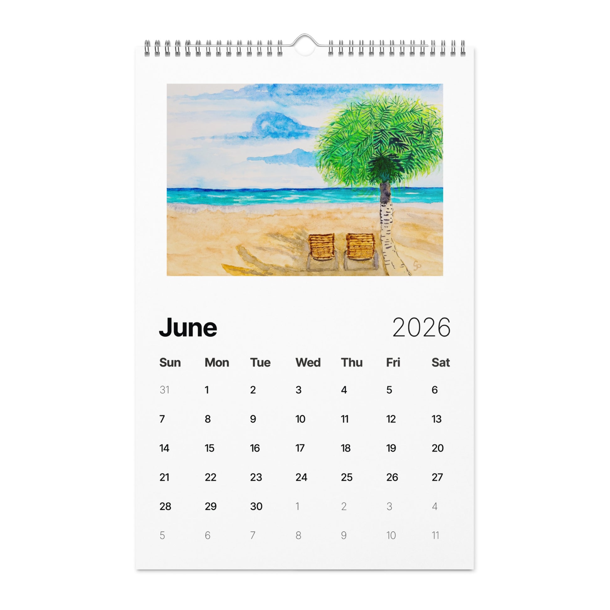 Watercolor art wall calendar featuring original paintings, showcasing vibrant seasonal artwork for each month, printed on high-quality paper for home or office décor.