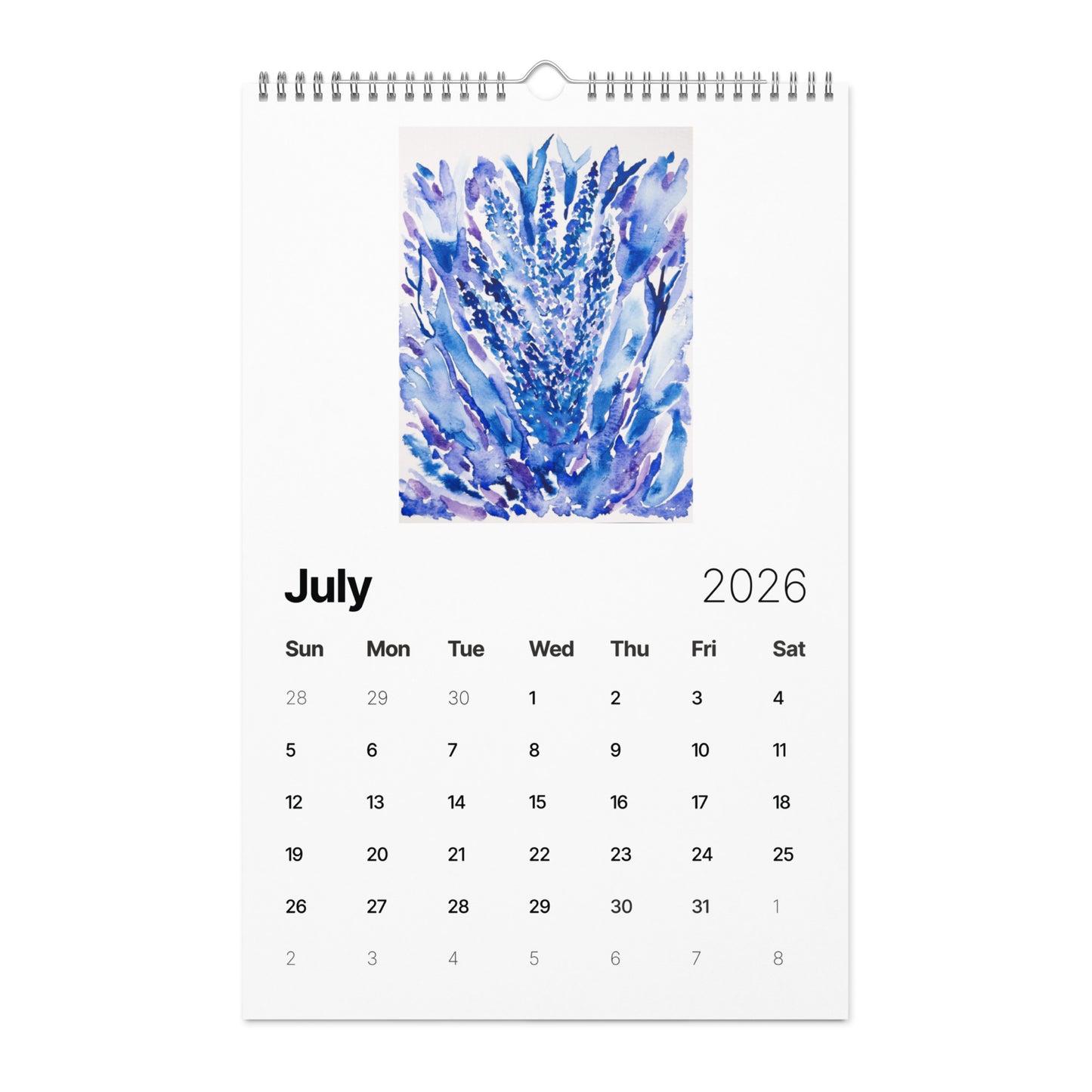 Watercolor art wall calendar featuring original paintings, showcasing vibrant seasonal artwork for each month, printed on high-quality paper for home or office décor.