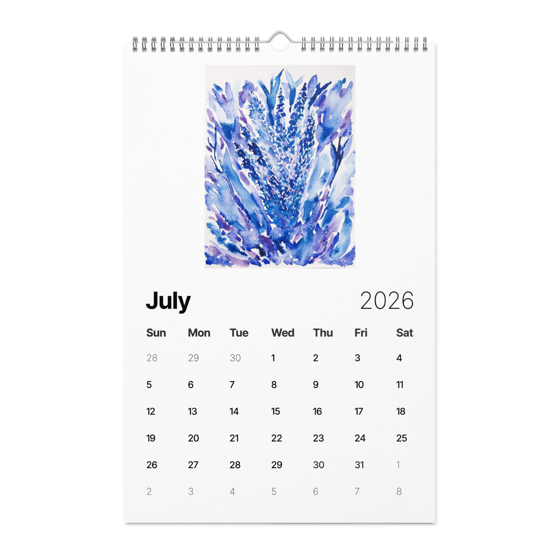 Watercolor art wall calendar featuring original paintings, showcasing vibrant seasonal artwork for each month, printed on high-quality paper for home or office décor.