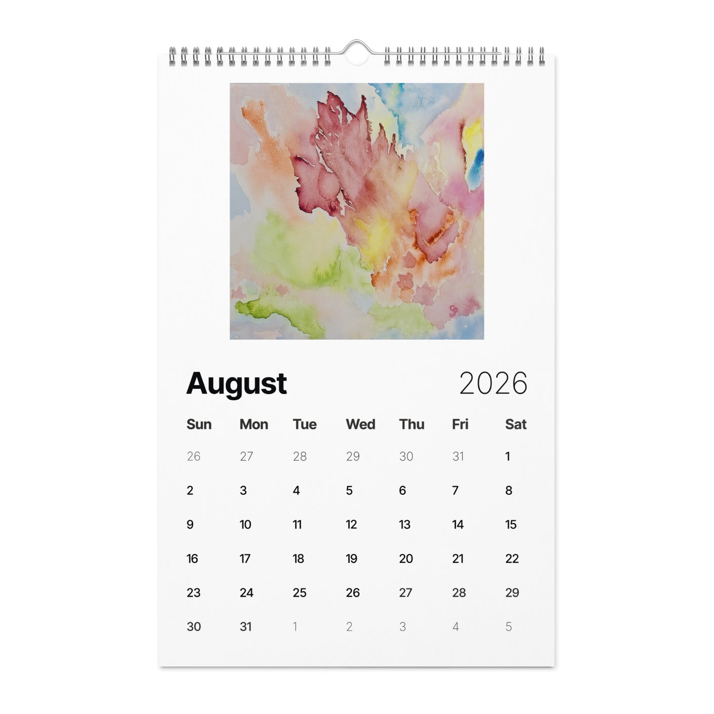 Watercolor art wall calendar featuring original paintings, showcasing vibrant seasonal artwork for each month, printed on high-quality paper for home or office décor.