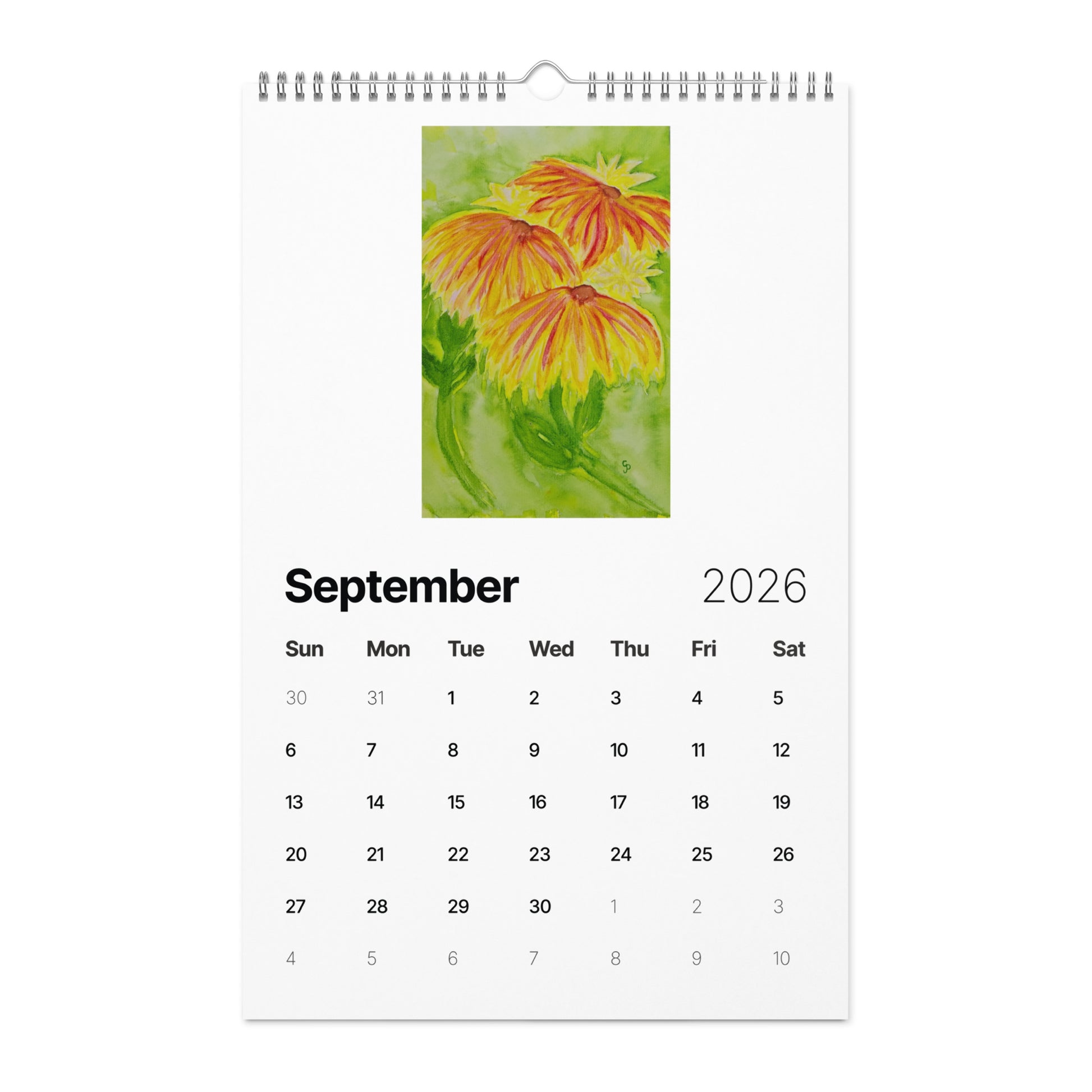 Watercolor art wall calendar featuring original paintings, showcasing vibrant seasonal artwork for each month, printed on high-quality paper for home or office décor.