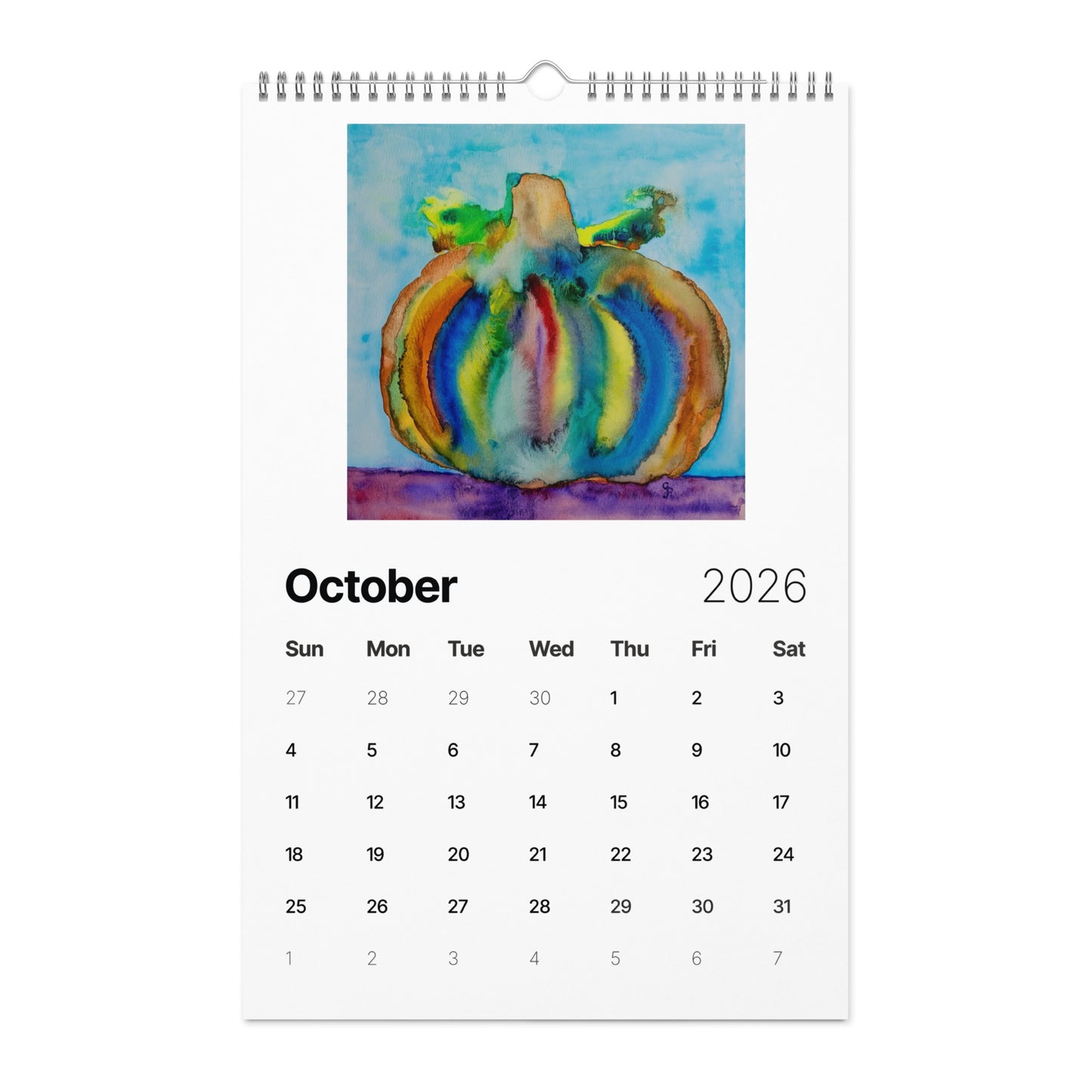 Watercolor art wall calendar featuring original paintings, showcasing vibrant seasonal artwork for each month, printed on high-quality paper for home or office décor.