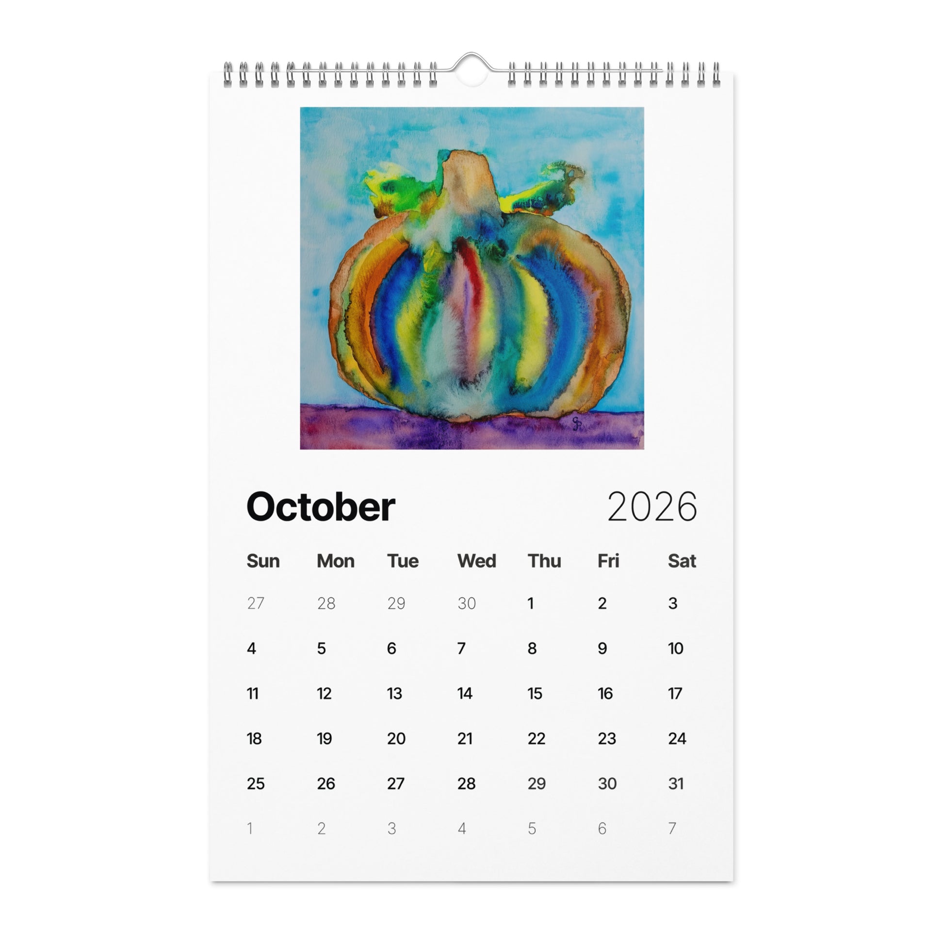 Watercolor art wall calendar featuring original paintings, showcasing vibrant seasonal artwork for each month, printed on high-quality paper for home or office décor.