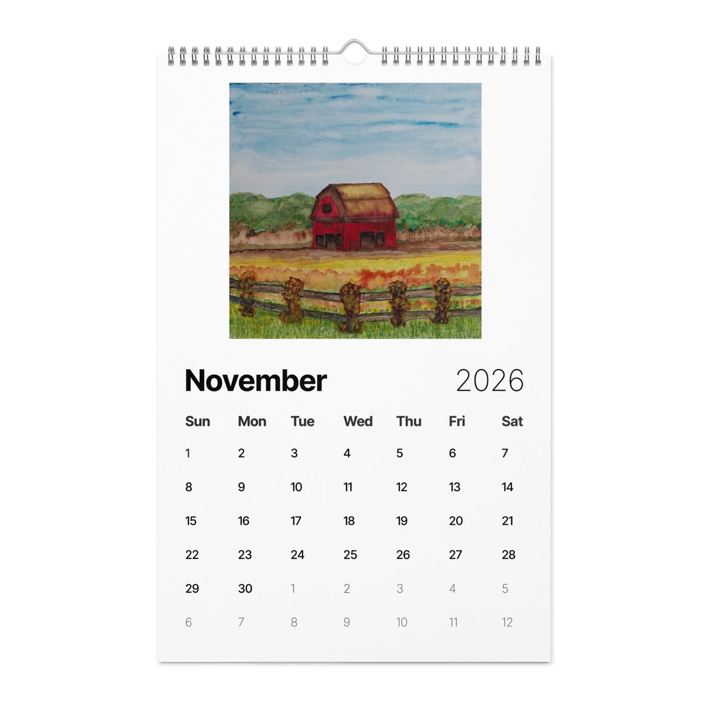 Watercolor art wall calendar featuring original paintings, showcasing vibrant seasonal artwork for each month, printed on high-quality paper for home or office décor.