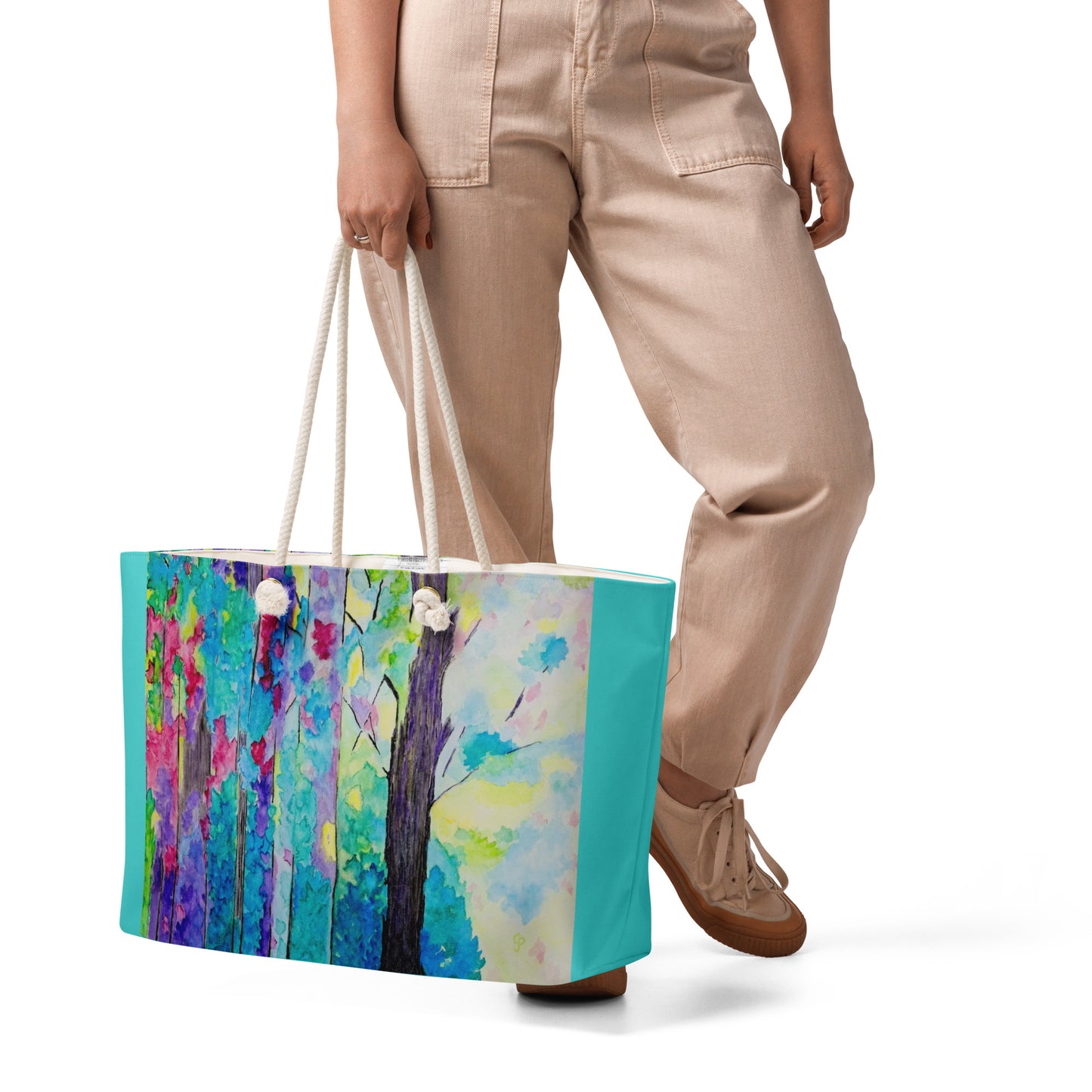 Oversized weekender bag with original watercolor artwork, featuring a spacious interior, sturdy straps, and lightweight design—perfect for travel, overnight stays, or stylish carry-on use.
