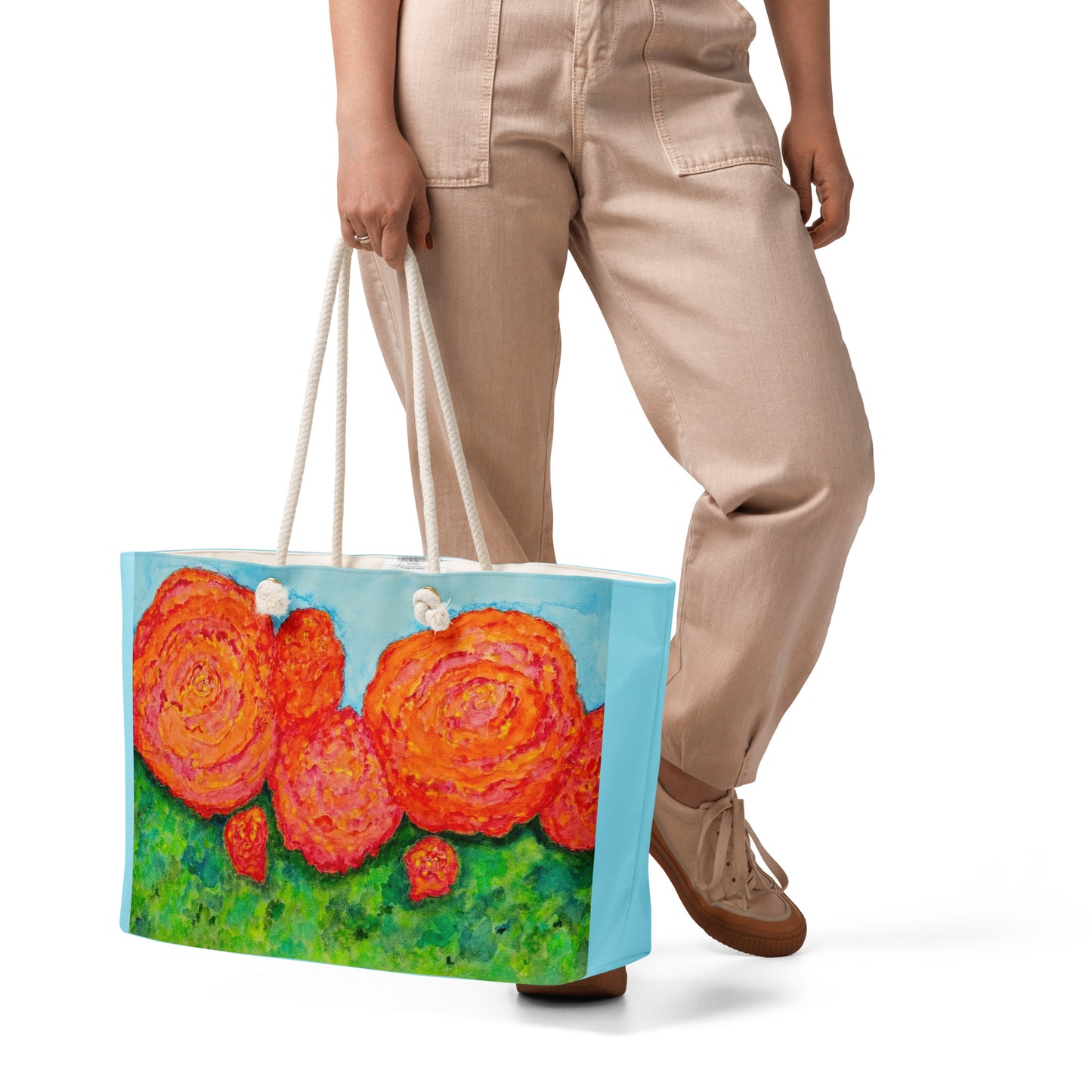 Oversized weekender bag with original watercolor artwork, featuring a spacious interior, sturdy straps, and lightweight design—perfect for travel, overnight stays, or stylish carry-on use.