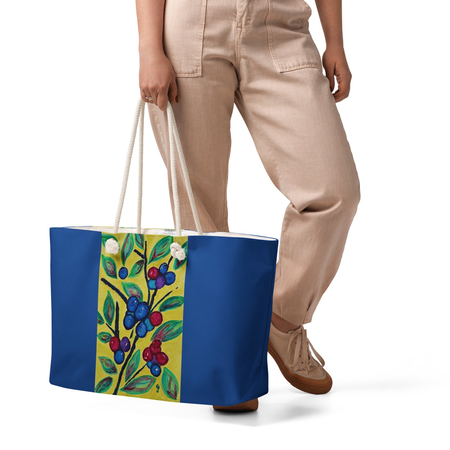 Oversized weekender bag with original watercolor artwork, featuring a spacious interior, sturdy straps, and lightweight design—perfect for travel, overnight stays, or stylish carry-on use.