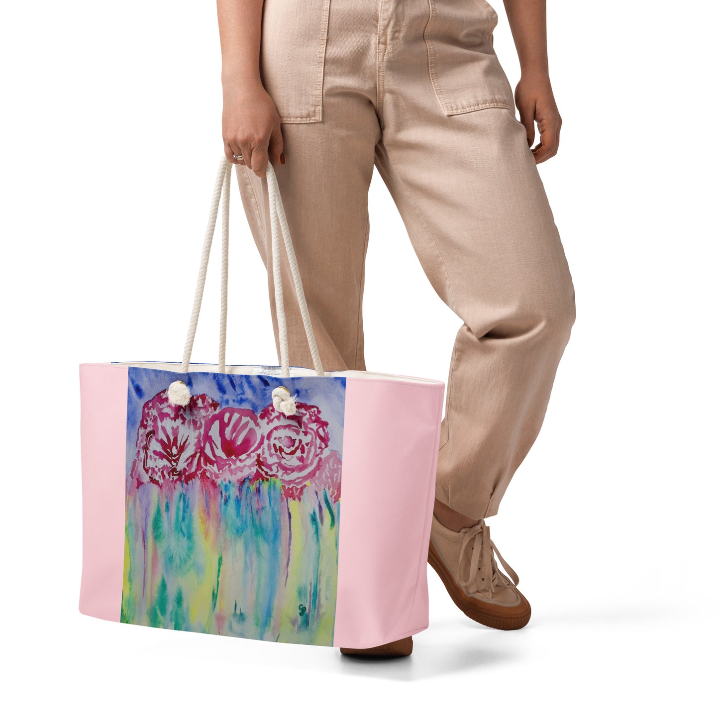 Oversized weekender bag with original watercolor artwork, featuring a spacious interior, sturdy straps, and lightweight design—perfect for travel, overnight stays, or stylish carry-on use.