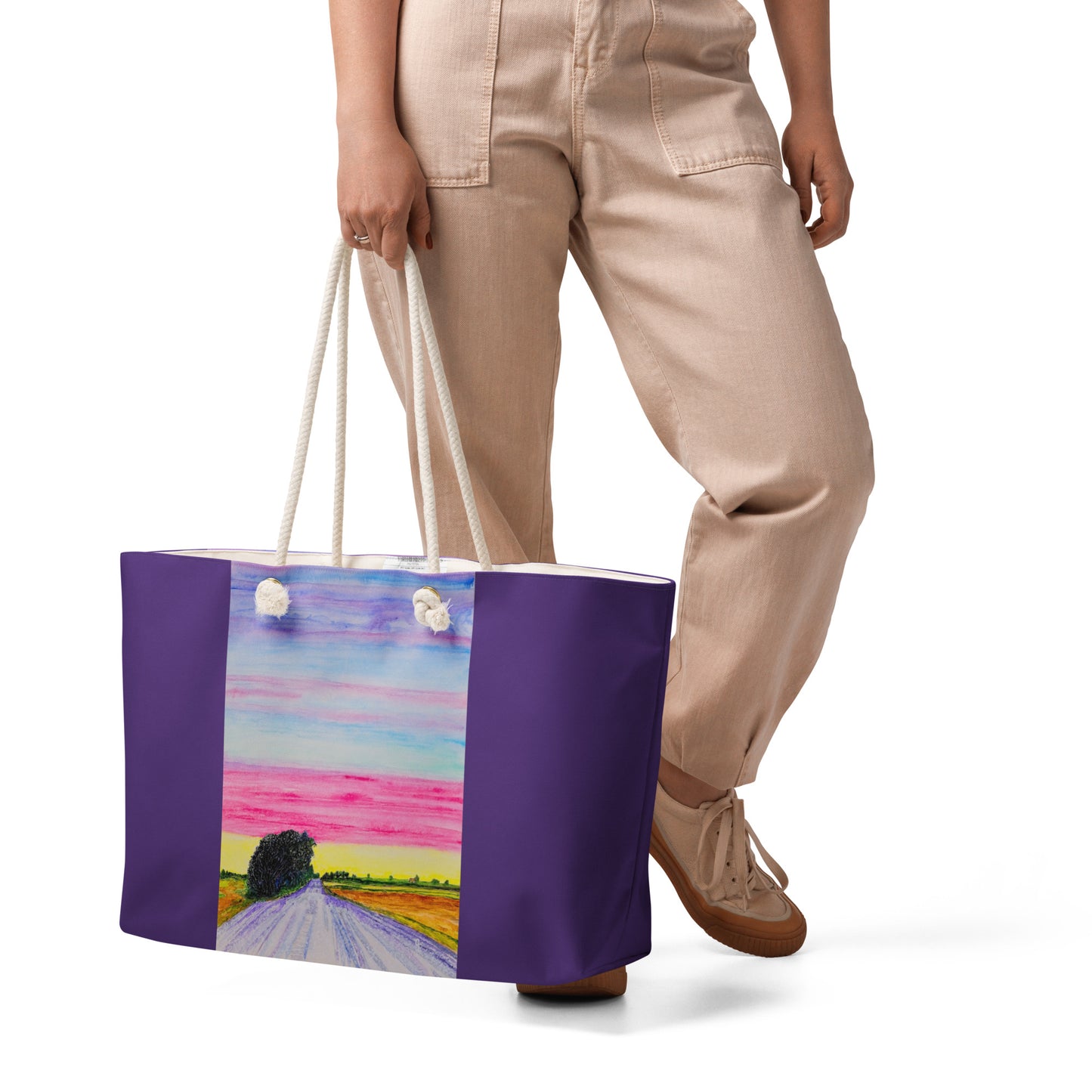 Oversized weekender bag with original watercolor artwork, featuring a spacious interior, sturdy straps, and lightweight design—perfect for travel, overnight stays, or stylish carry-on use.