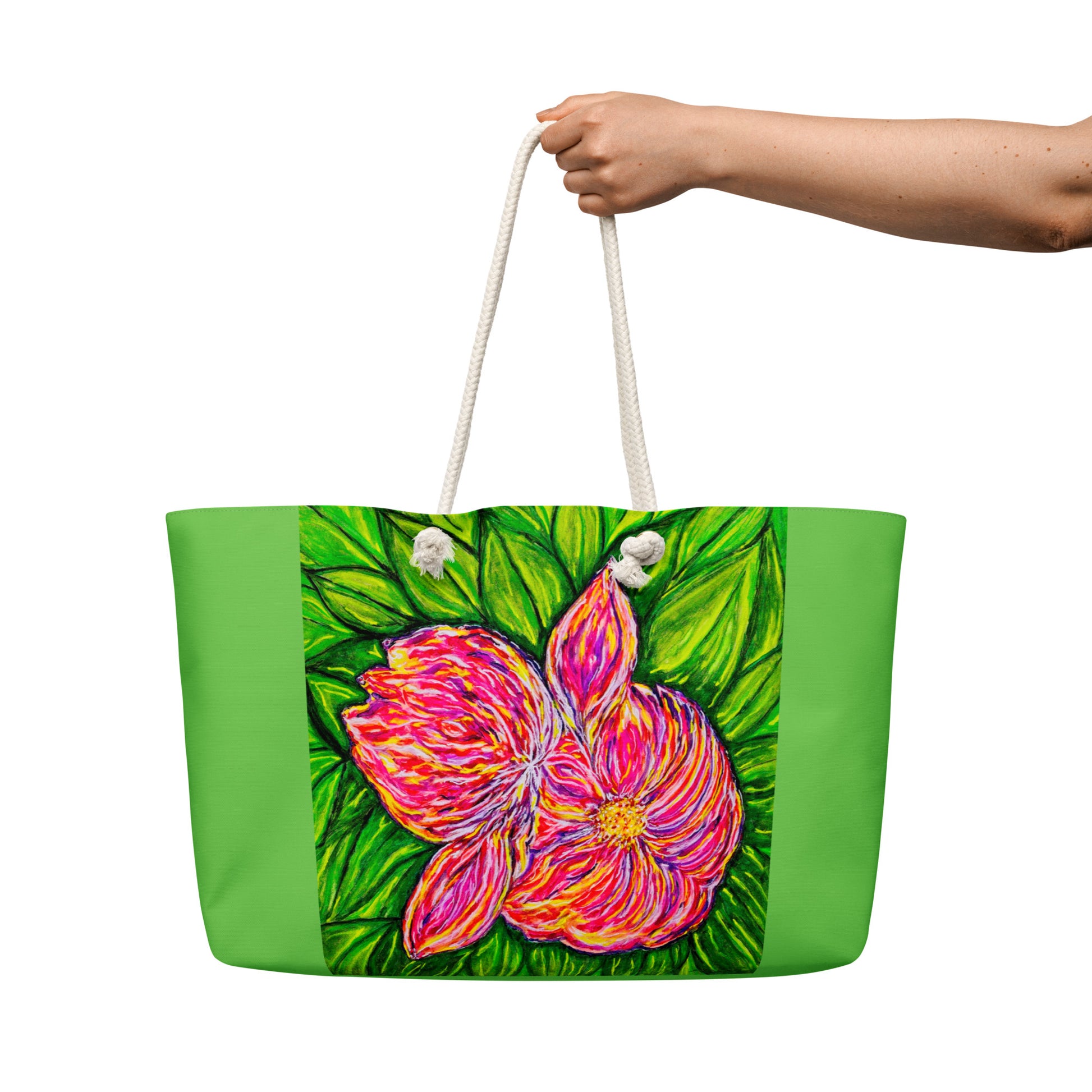 Oversized weekender bag with original floral artwork, featuring a spacious interior, sturdy straps, and lightweight design—perfect for travel, overnight stays, or stylish carry-on use.