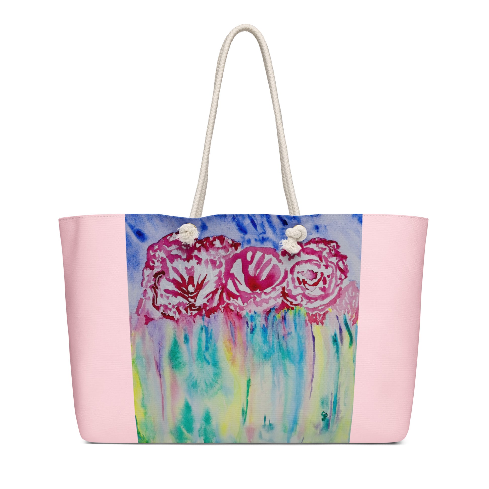 Oversized weekender bag with original watercolor artwork, featuring a spacious interior, sturdy straps, and lightweight design—perfect for travel, overnight stays, or stylish carry-on use.