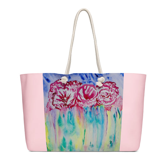 Oversized weekender bag with original watercolor artwork, featuring a spacious interior, sturdy straps, and lightweight design—perfect for travel, overnight stays, or stylish carry-on use.