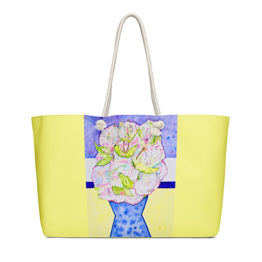 Oversized weekender bag with original watercolor artwork, featuring a spacious interior, sturdy straps, and lightweight design—perfect for travel, overnight stays, or stylish carry-on use.