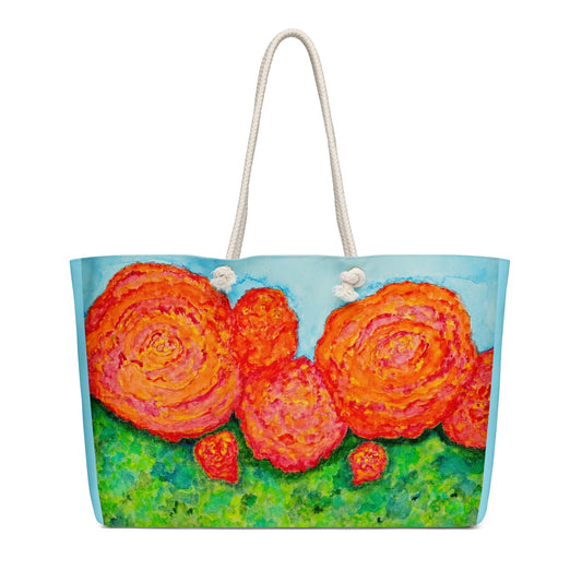 Oversized weekender bag with original watercolor artwork, featuring a spacious interior, sturdy straps, and lightweight design—perfect for travel, overnight stays, or stylish carry-on use.