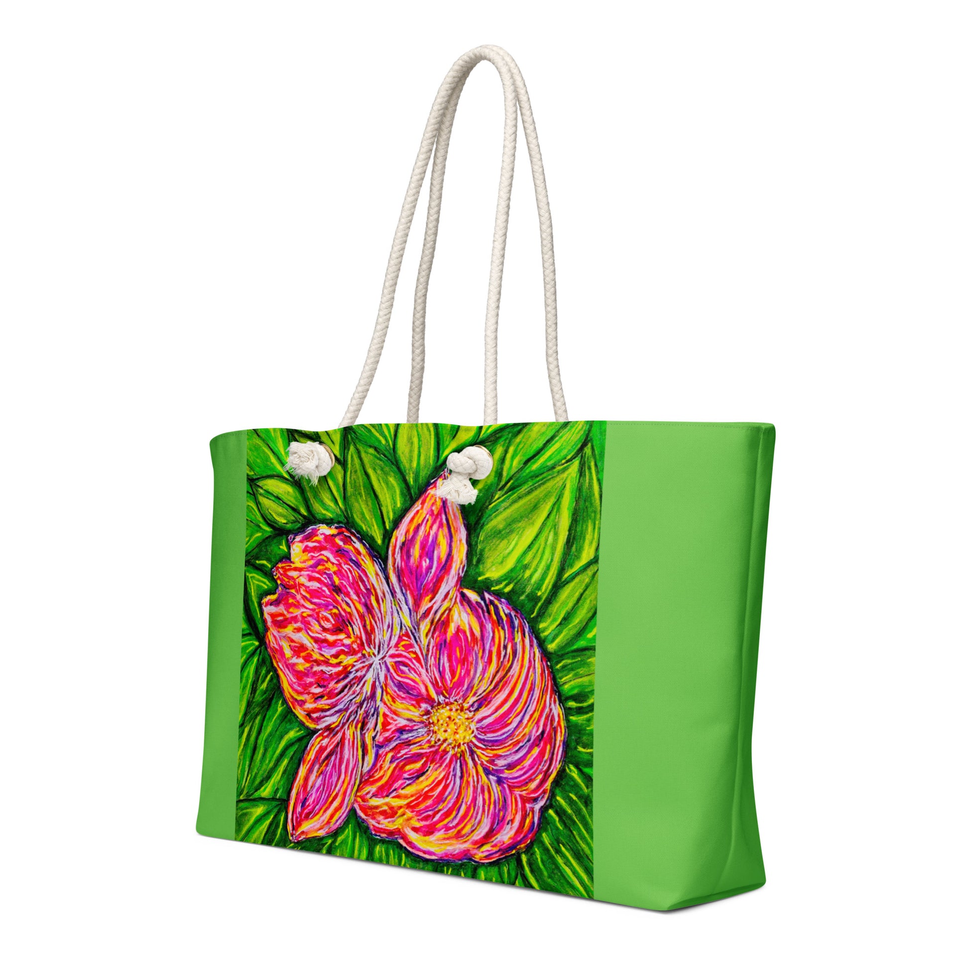 Oversized weekender bag with original floral artwork, featuring a spacious interior, sturdy straps, and lightweight design—perfect for travel, overnight stays, or stylish carry-on use.