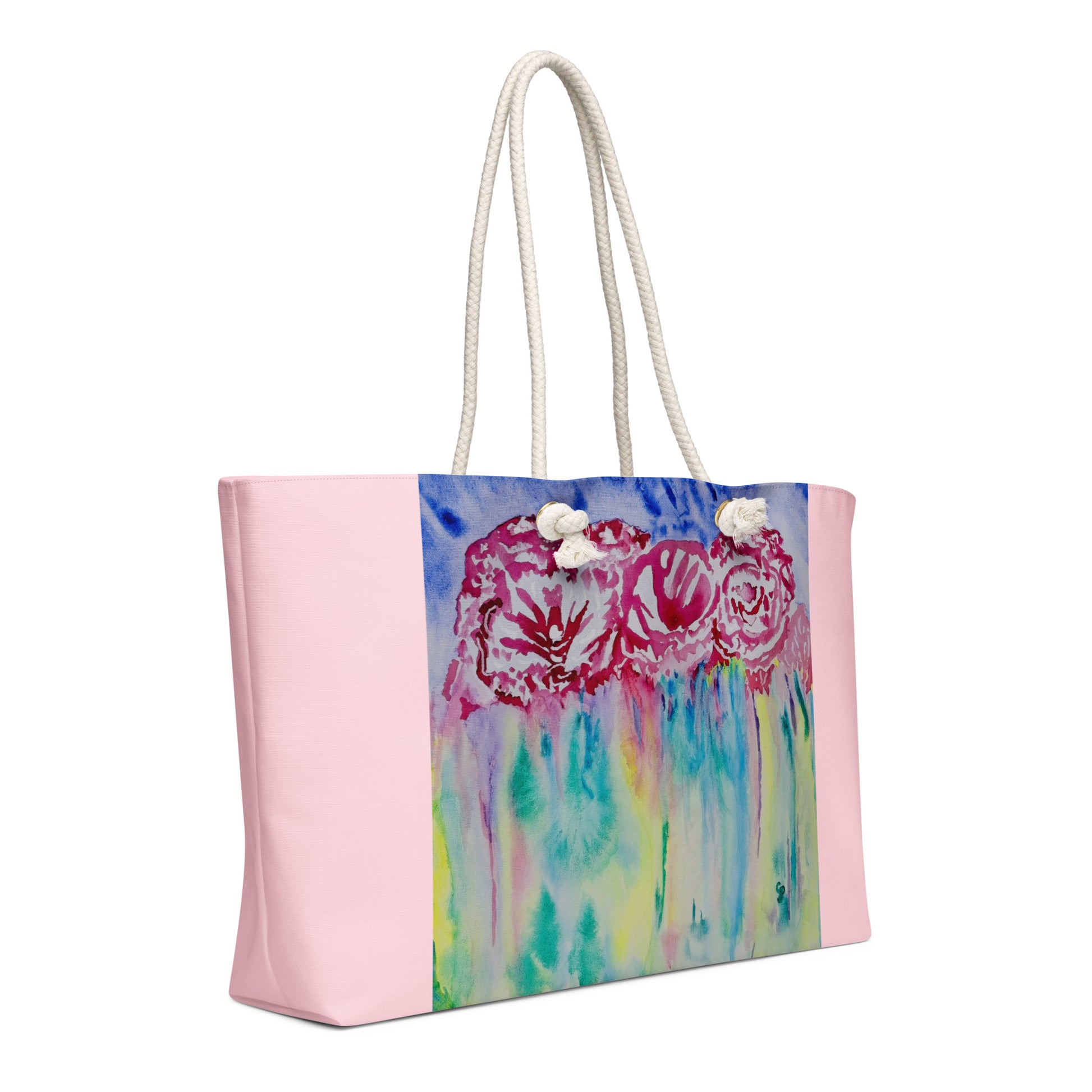 Oversized weekender bag with original watercolor artwork, featuring a spacious interior, sturdy straps, and lightweight design—perfect for travel, overnight stays, or stylish carry-on use.