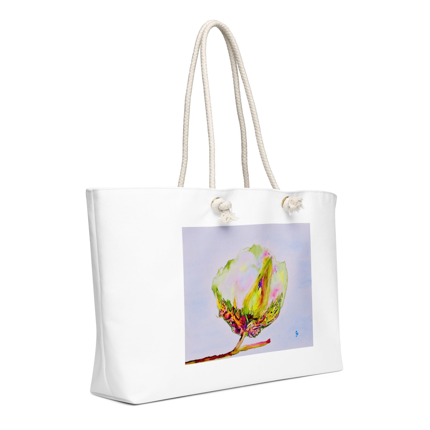 Oversized weekender bag with original watercolor artwork, featuring a spacious interior, sturdy straps, and lightweight design—perfect for travel, overnight stays, or stylish carry-on use.