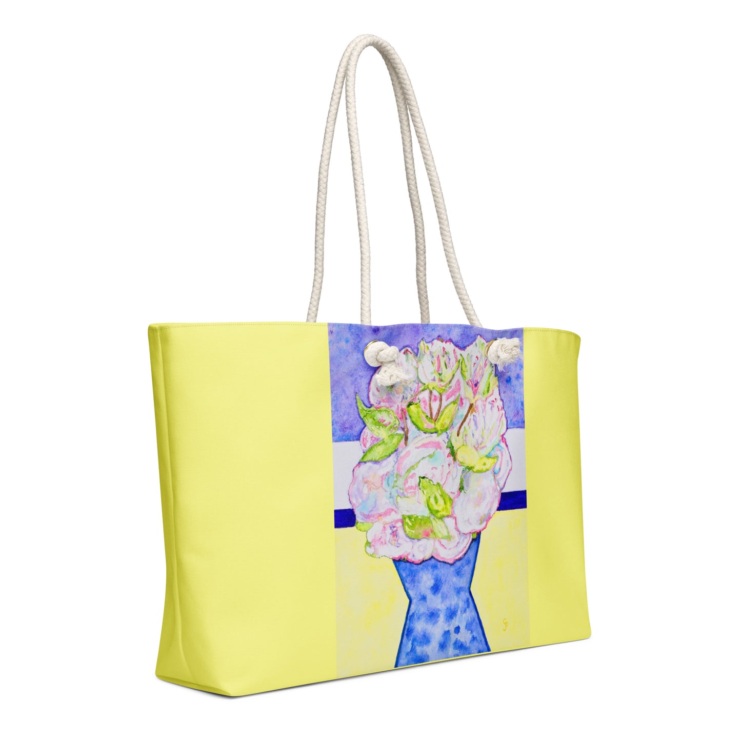 Oversized weekender bag with original watercolor artwork, featuring a spacious interior, sturdy straps, and lightweight design—perfect for travel, overnight stays, or stylish carry-on use.