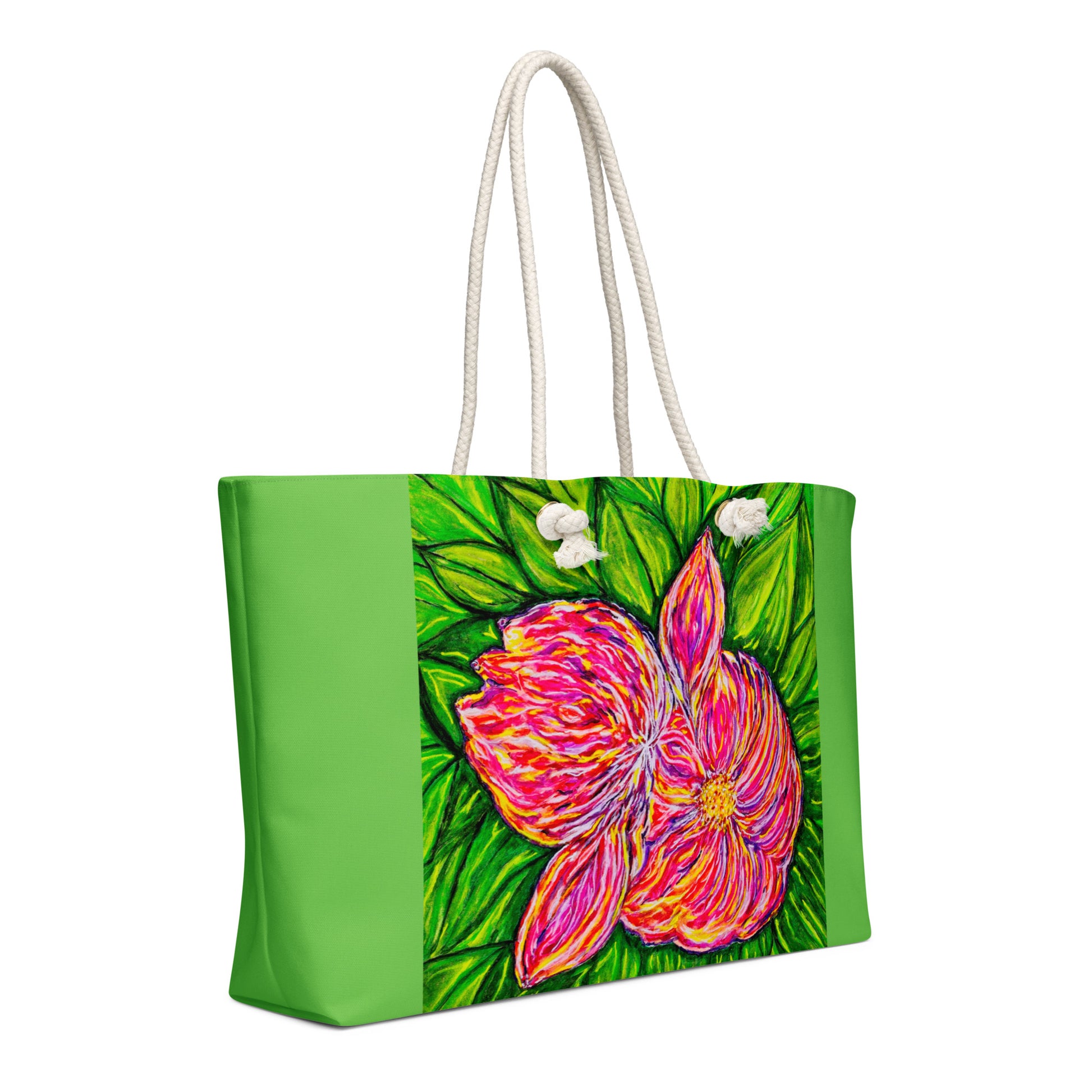 Oversized weekender bag with original floral artwork, featuring a spacious interior, sturdy straps, and lightweight design—perfect for travel, overnight stays, or stylish carry-on use.