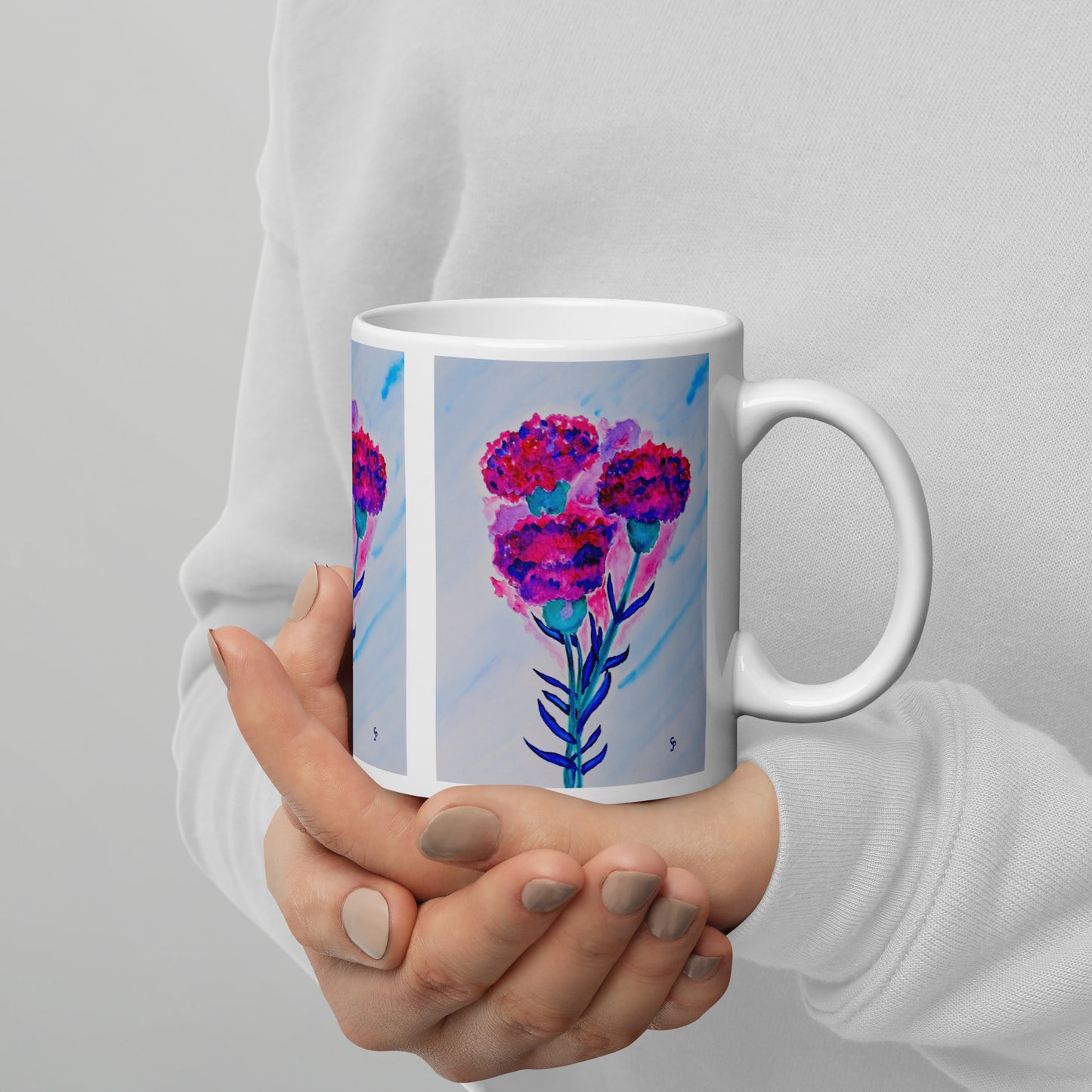 Ceramic mug featuring original artwork, perfect for coffee, tea, or hot cocoa—microwave and dishwasher safe, ideal for daily use, gifting, or adding artistic charm to your kitchen.